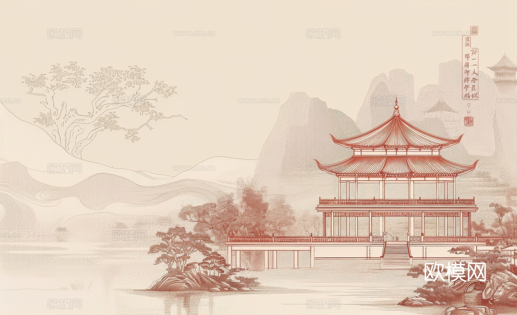 新中式亭台楼阁线条建筑壁画下载（渲染图5）