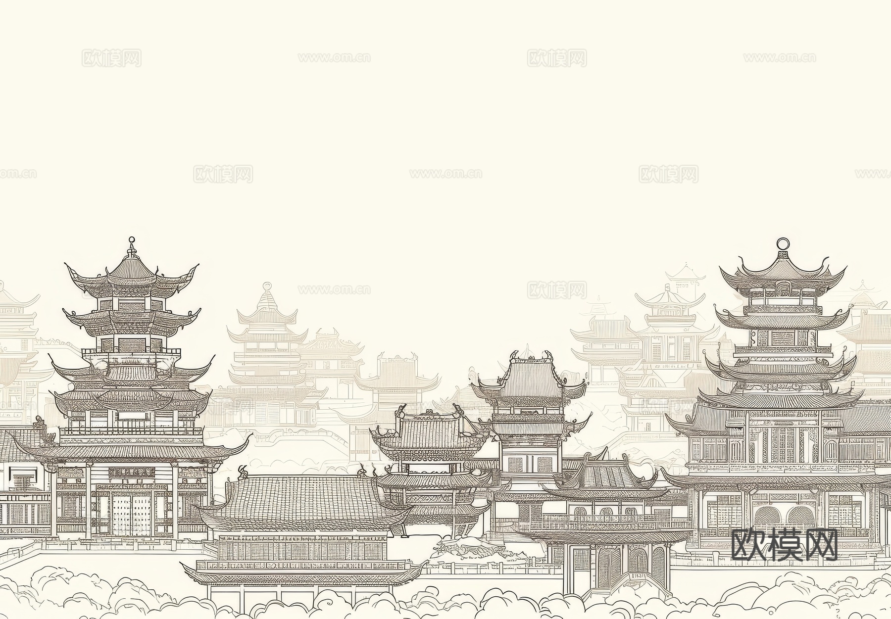 新中式亭台楼阁线条建筑壁画下载（渲染图7）