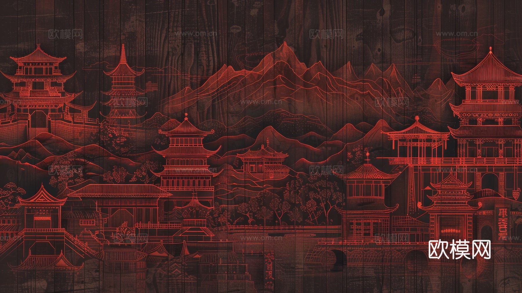 新中式亭台楼阁线条建筑壁画下载（渲染图8）