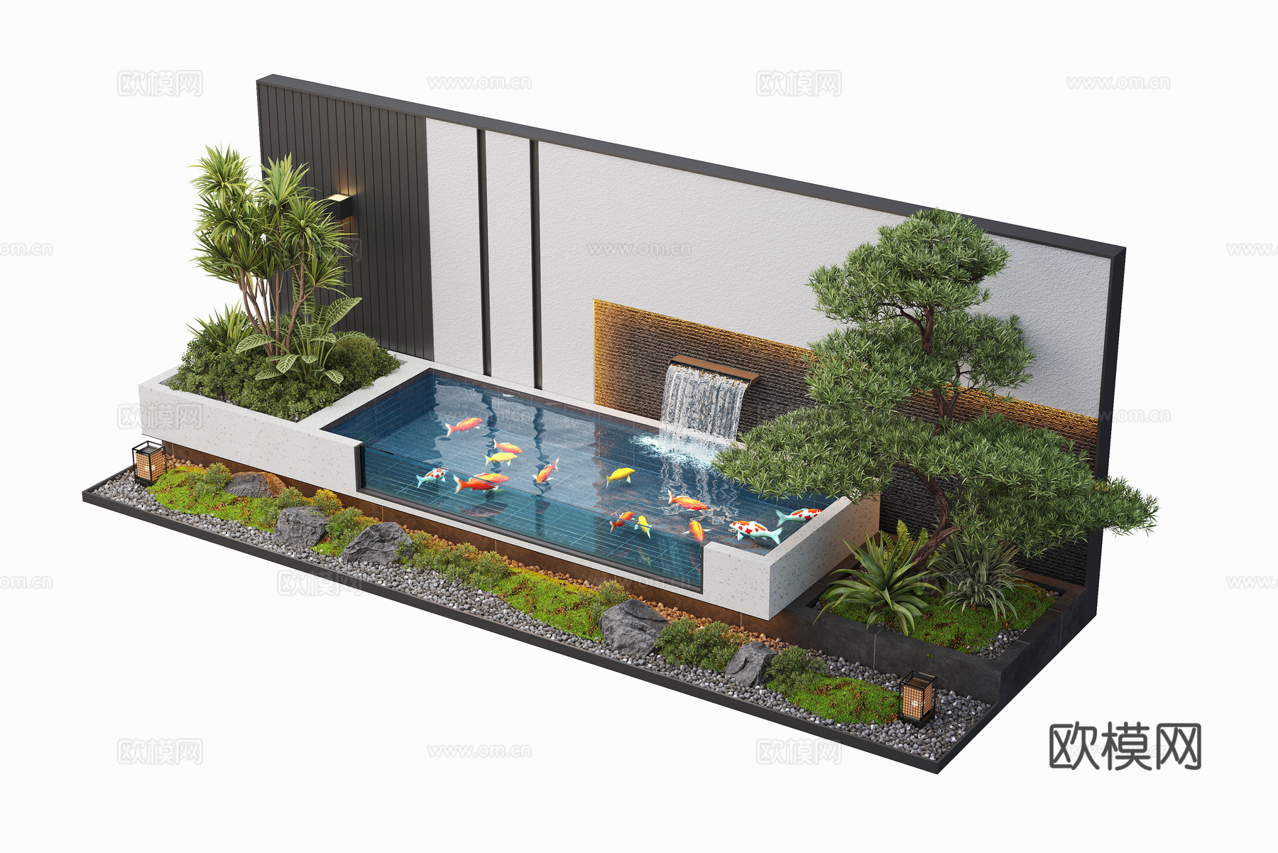 现代庭院水景 水景墙 叠水 景观植物 鱼池3d模型