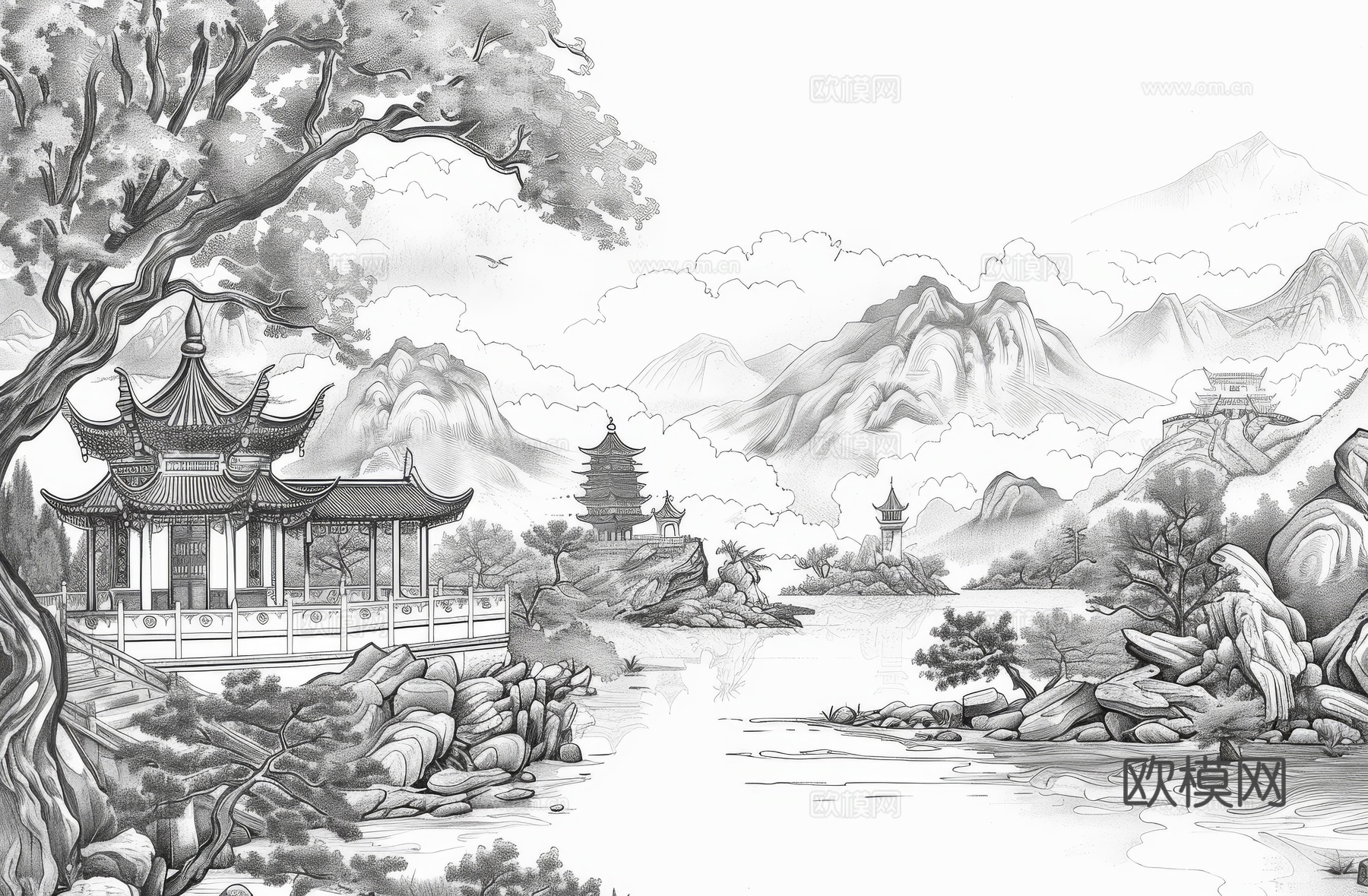 新中式亭台楼阁线条建筑壁画