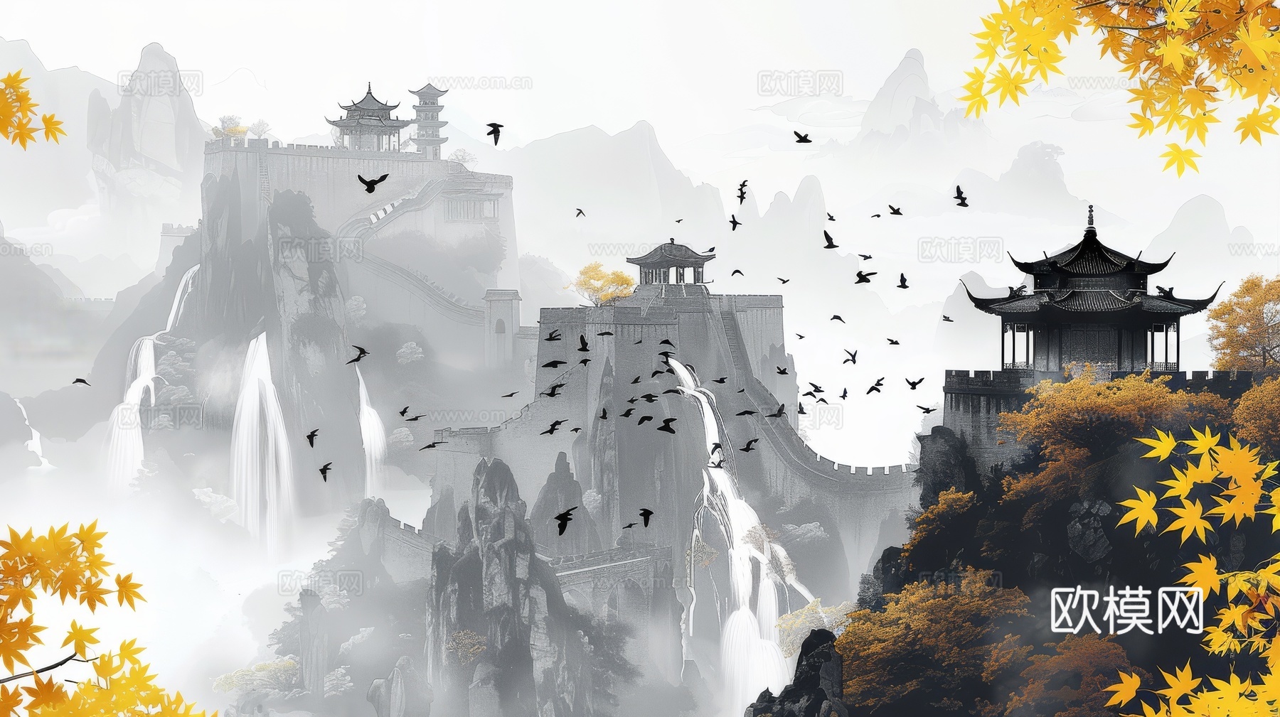 新中式亭台楼阁线条建筑壁画