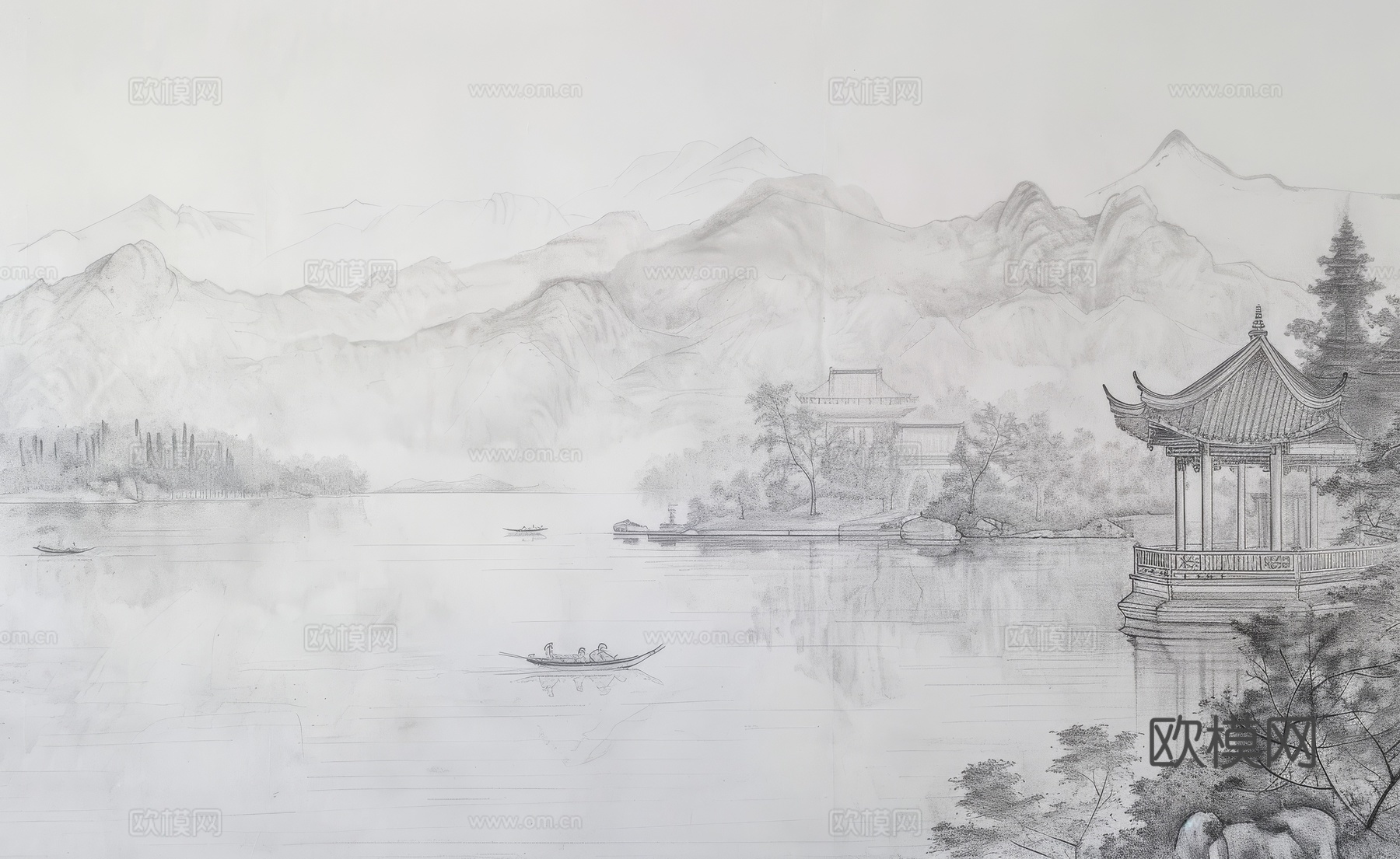 新中式亭台楼阁线条建筑壁画