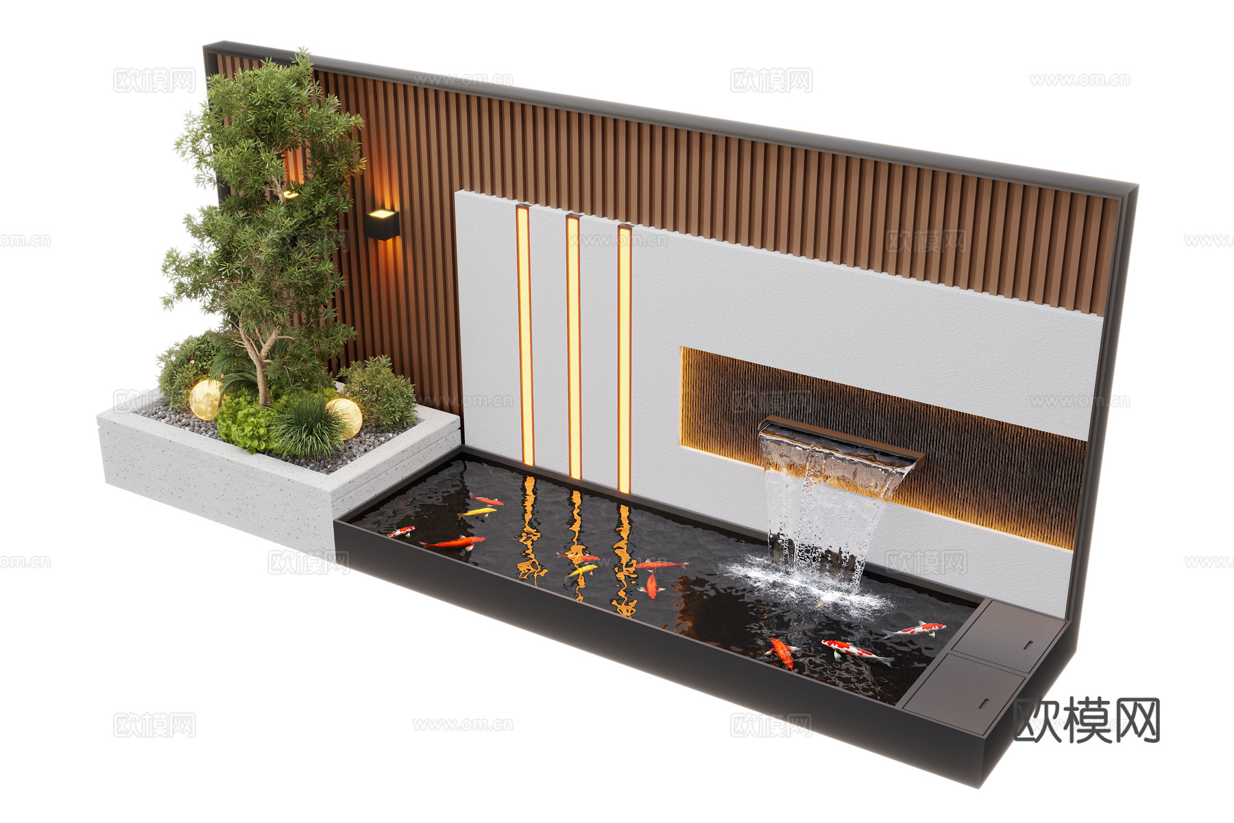 现代庭院水景 水景墙 叠水 景观植物 鱼池3d模型