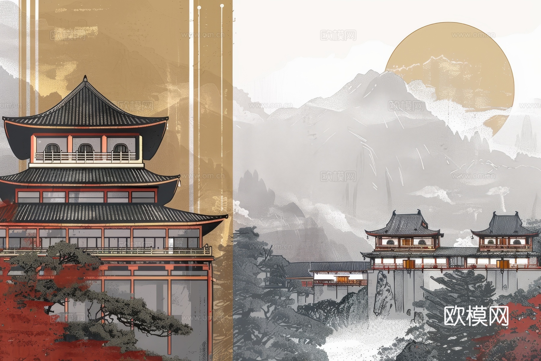 新中式亭台楼阁线条建筑壁画下载（渲染图5）