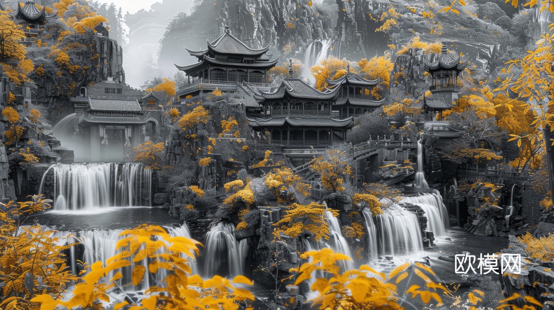 新中式亭台楼阁线条建筑壁画