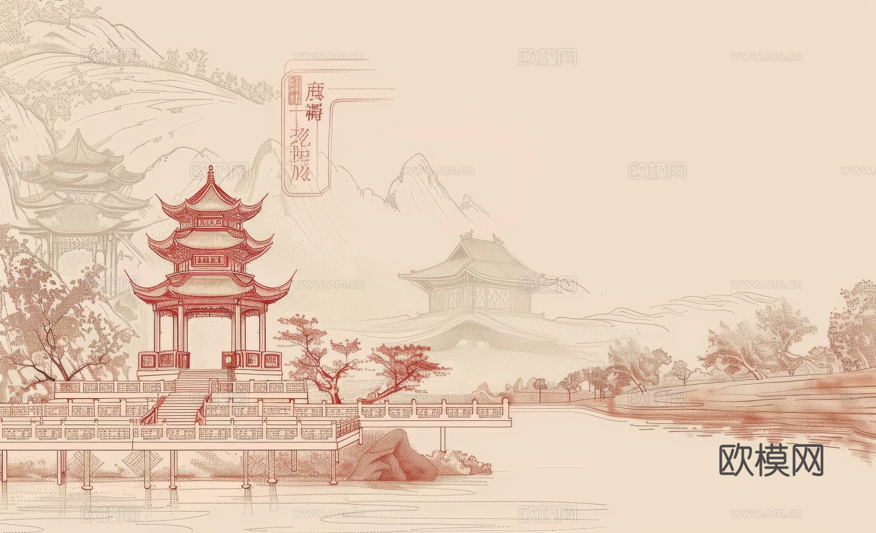 新中式亭台楼阁线条建筑壁画下载（渲染图2）