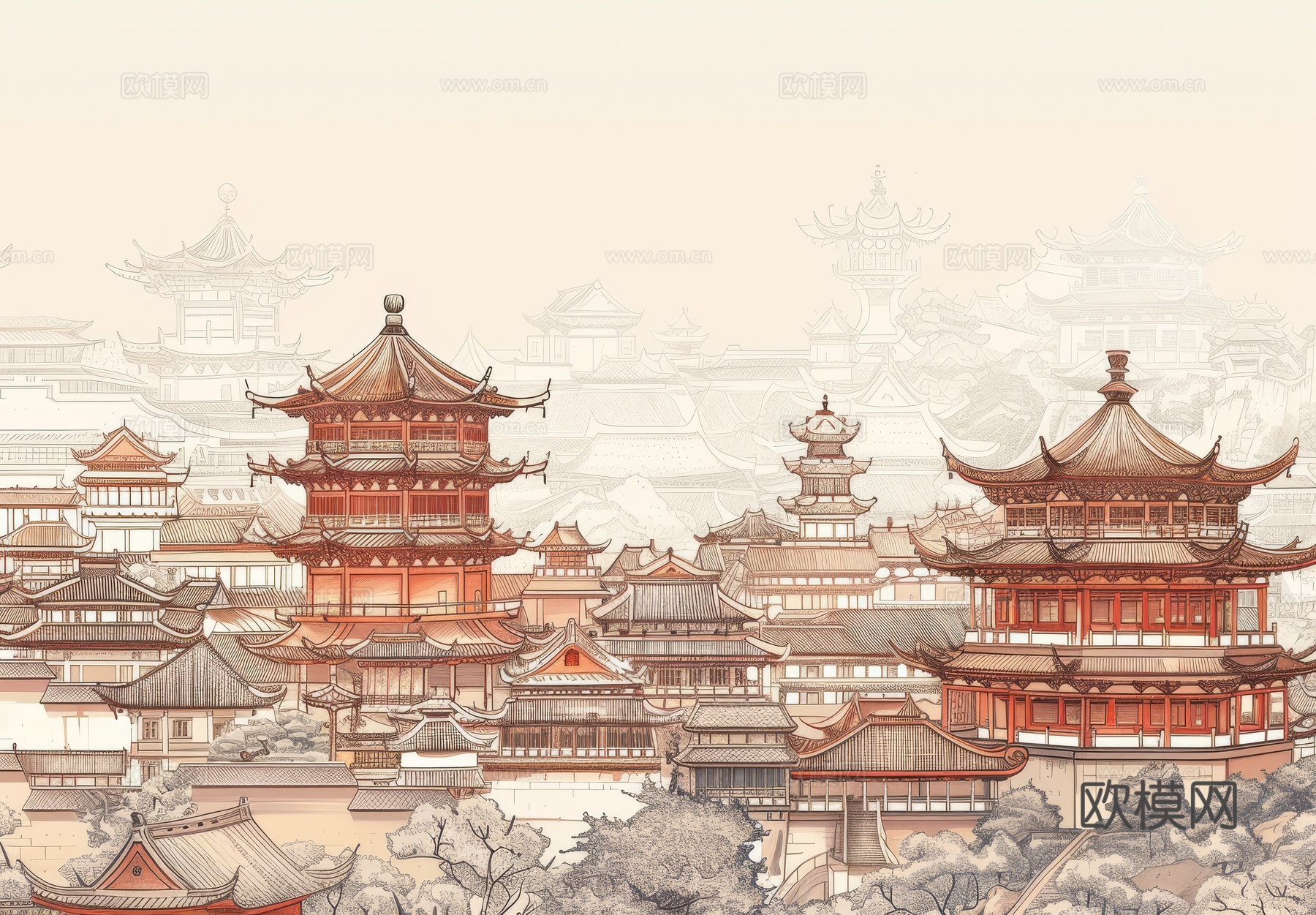 新中式亭台楼阁线条建筑壁画下载（渲染图6）