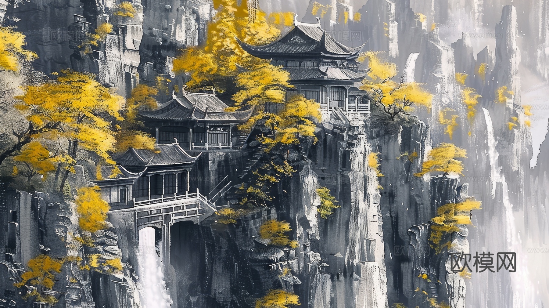 新中式亭台楼阁线条建筑壁画