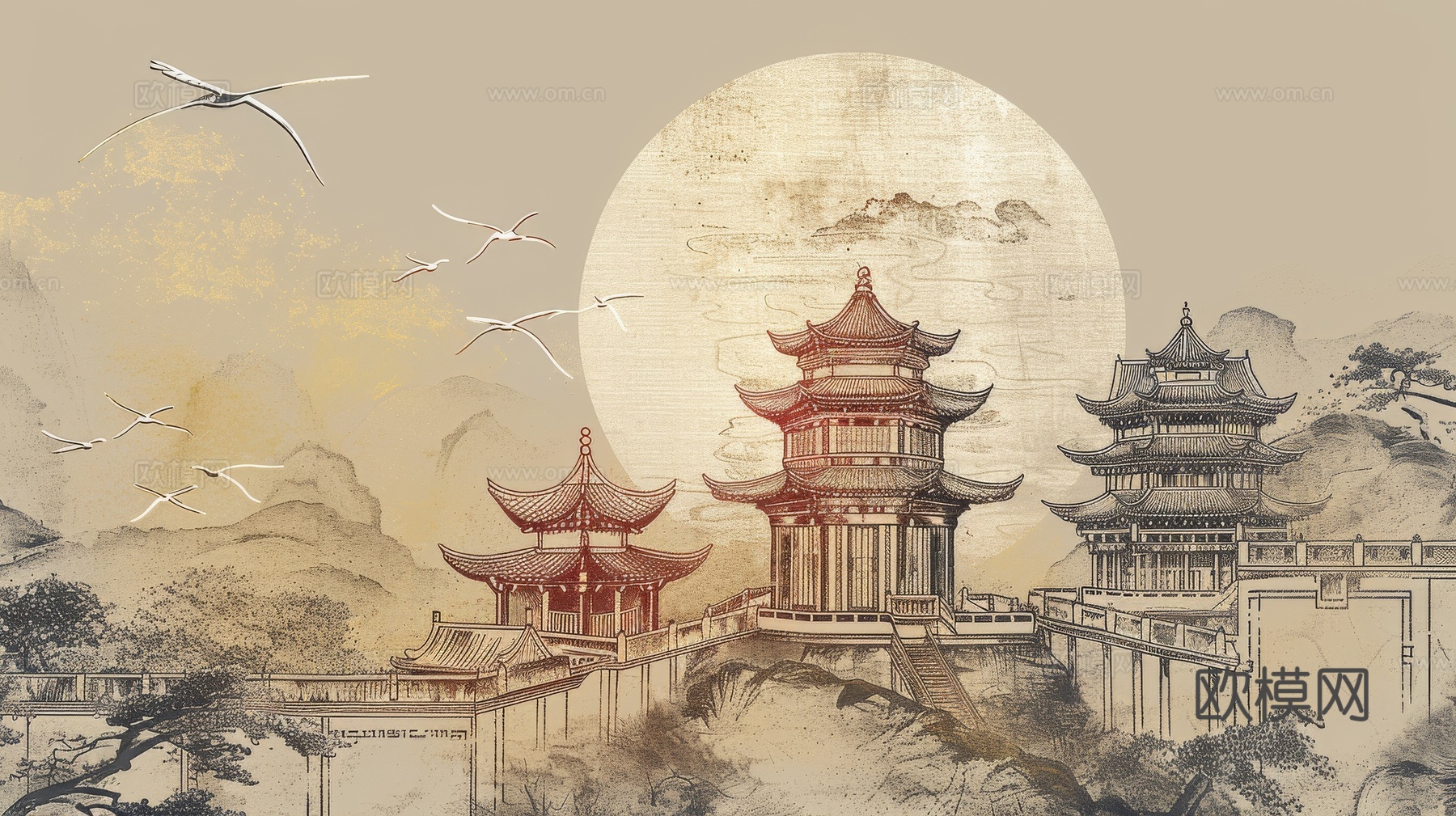 新中式亭台楼阁线条建筑壁画