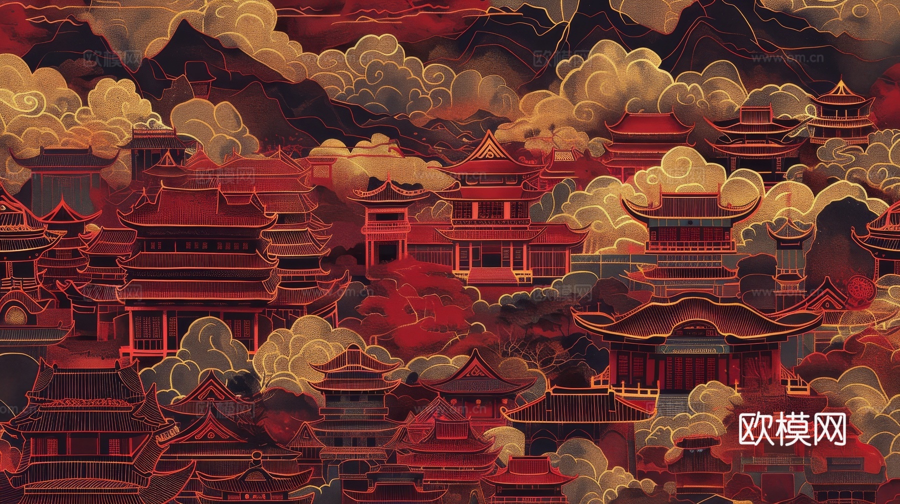 新中式亭台楼阁线条建筑壁画下载（渲染图6）