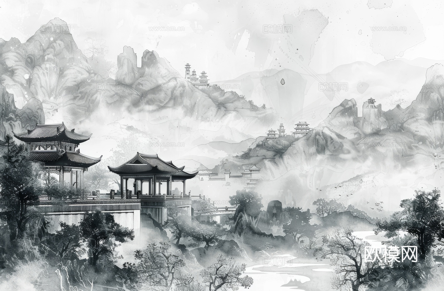 新中式亭台楼阁线条建筑壁画下载（渲染图4）