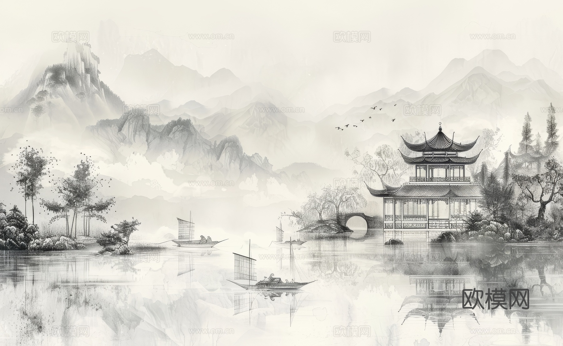 新中式亭台楼阁线条建筑壁画