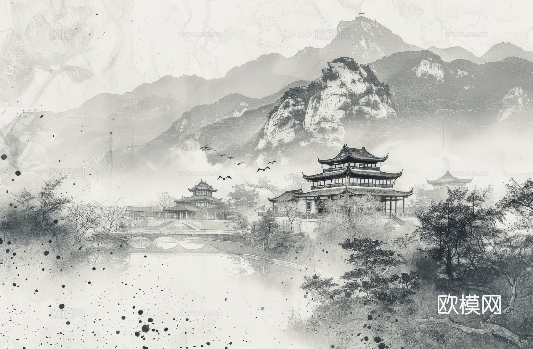 新中式亭台楼阁线条建筑壁画下载（渲染图3）