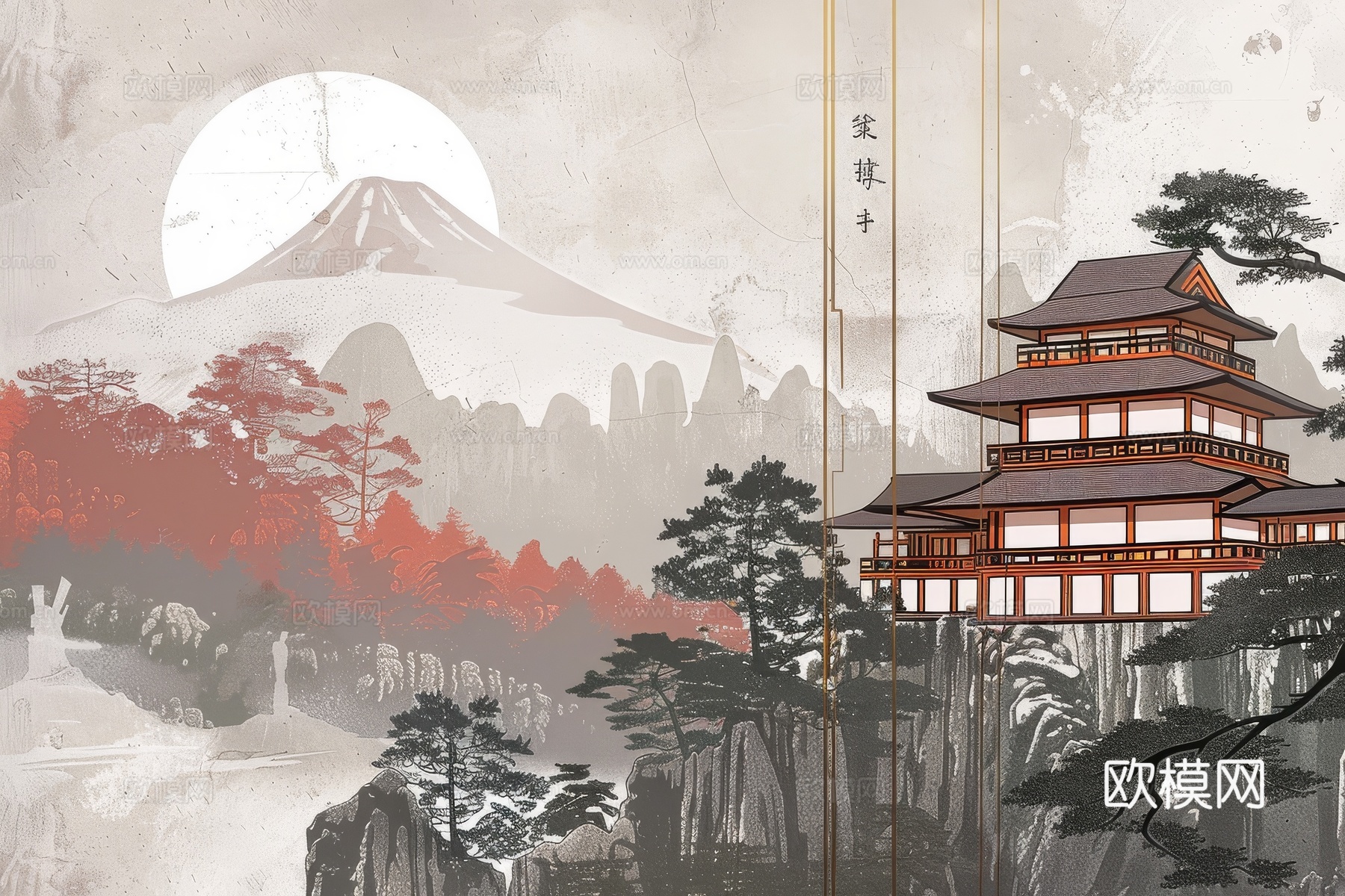 新中式亭台楼阁线条建筑壁画下载（渲染图8）