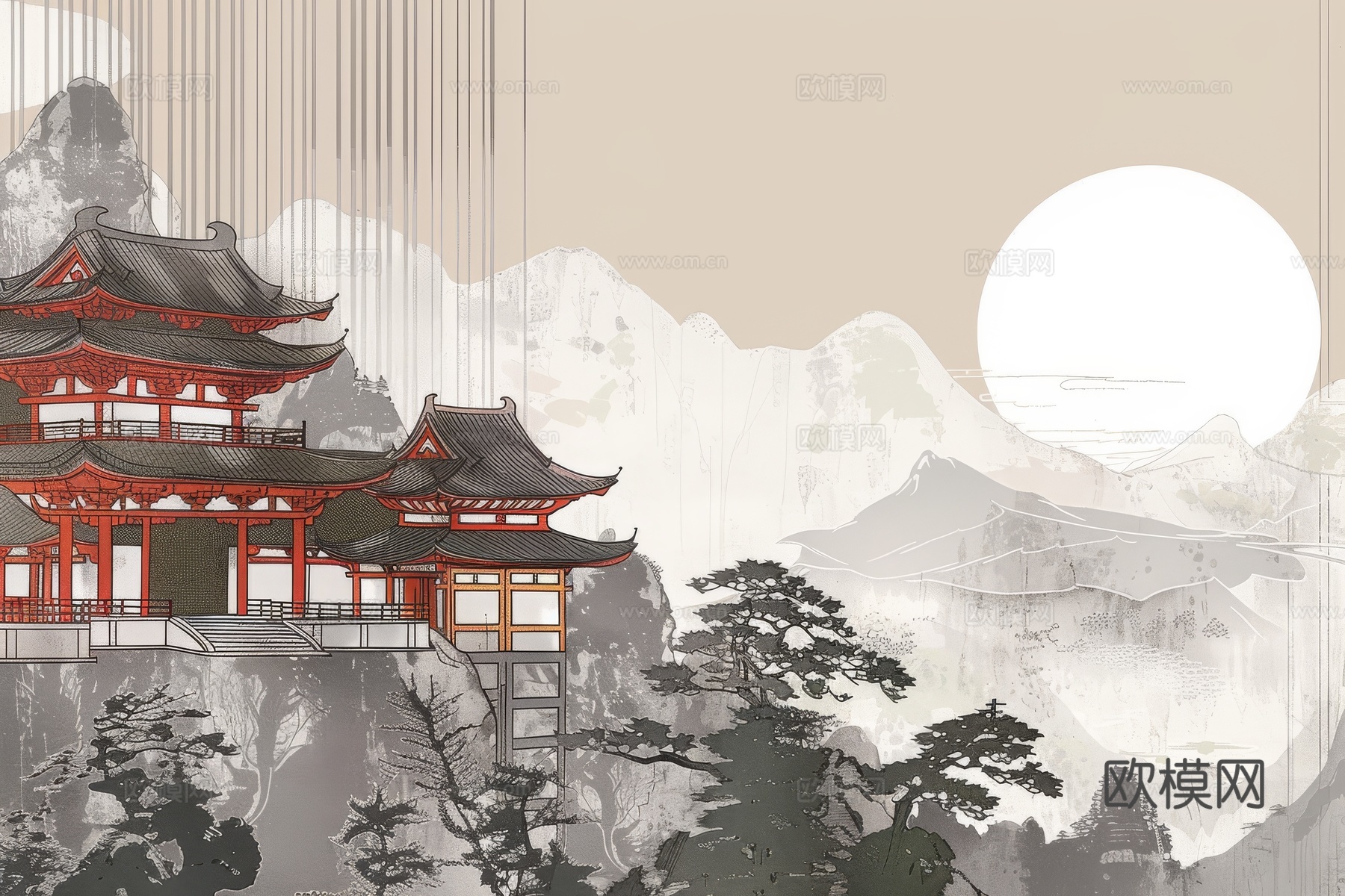 新中式亭台楼阁线条建筑壁画下载（渲染图1）