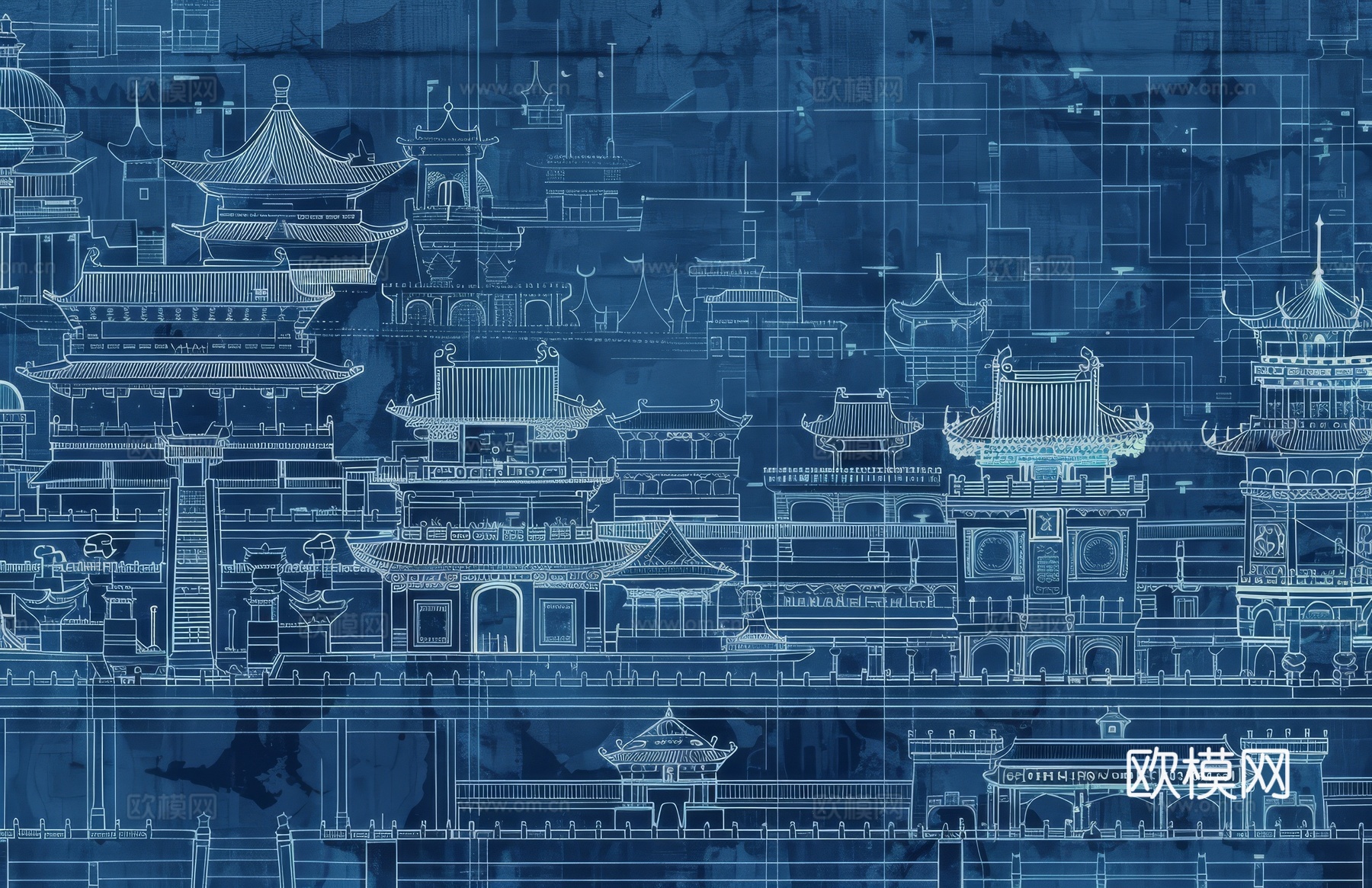 新中式亭台楼阁线条建筑壁画