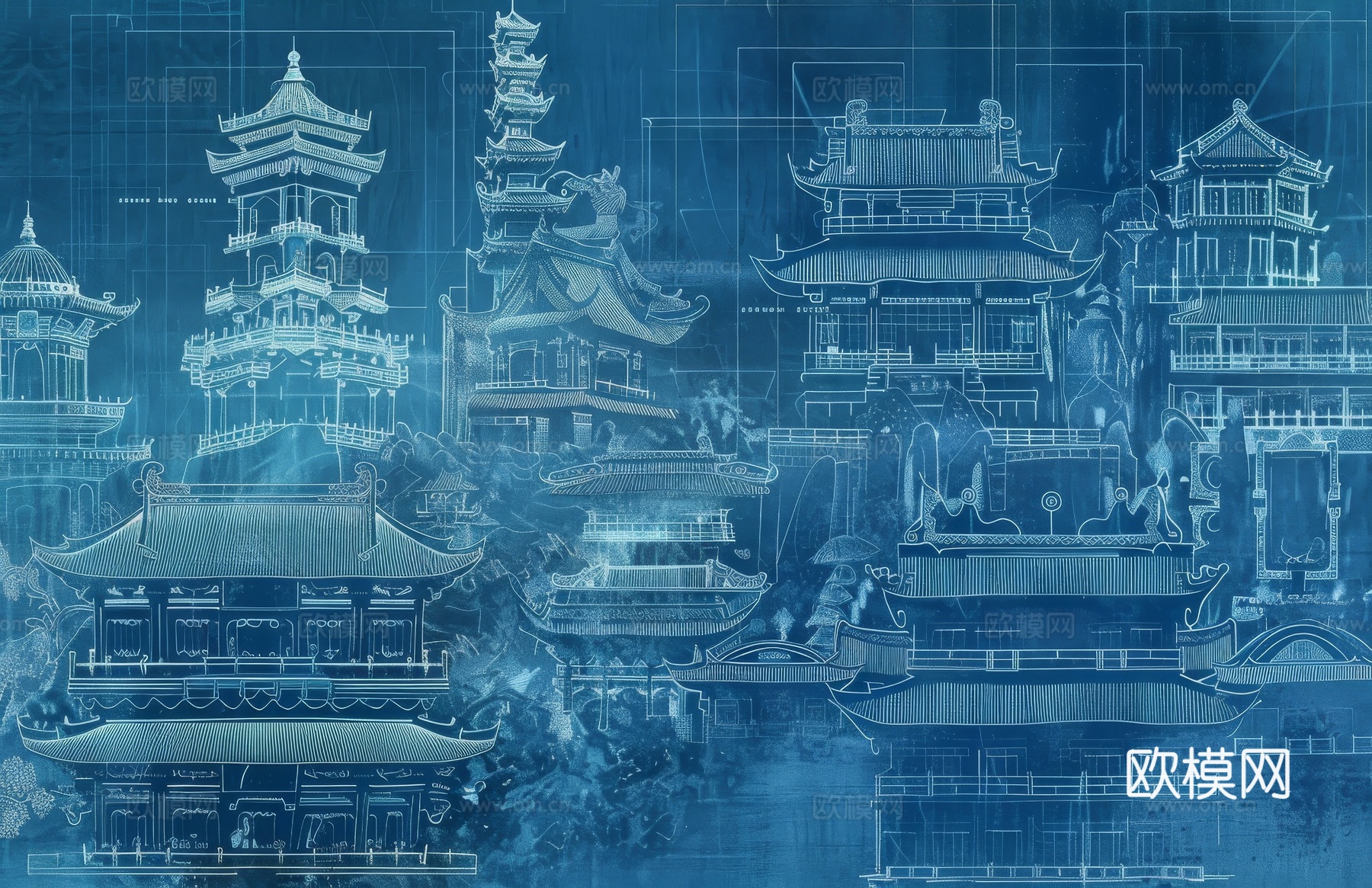 新中式亭台楼阁线条建筑壁画