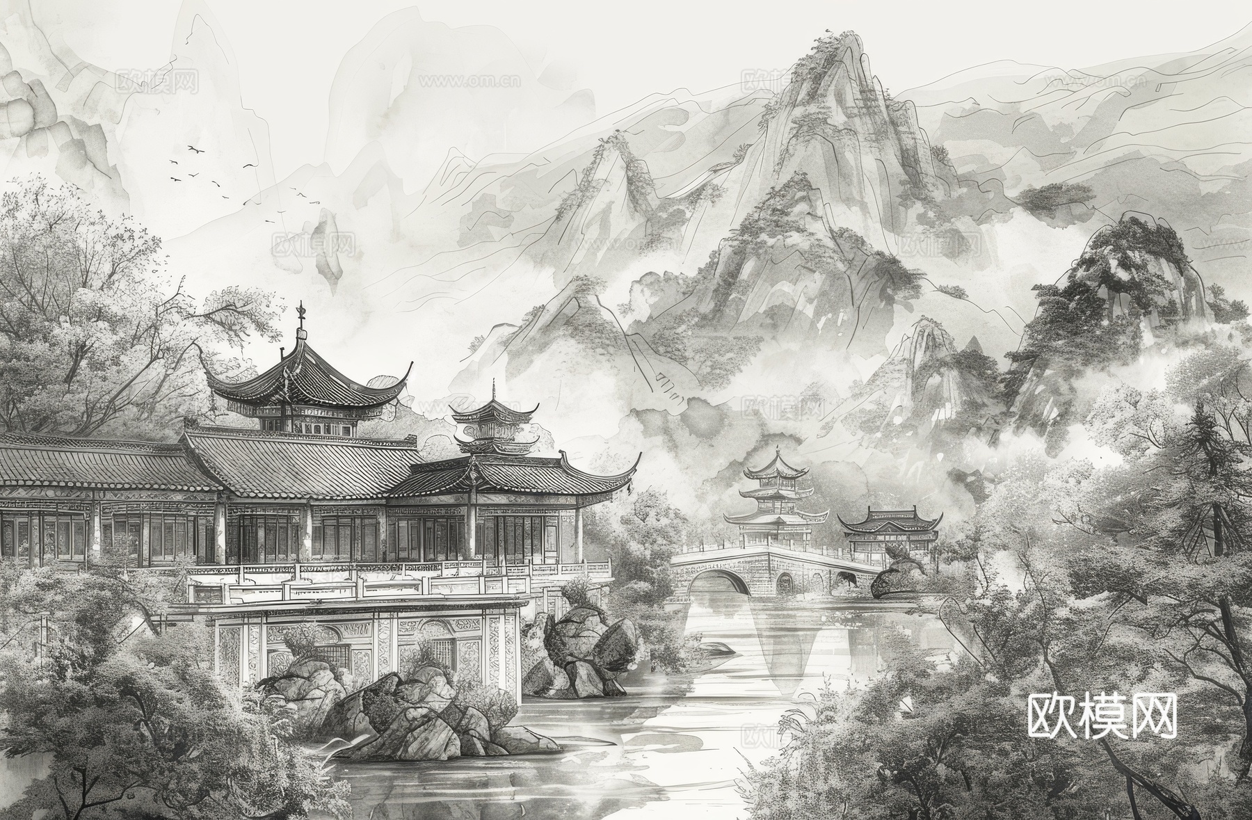 新中式亭台楼阁线条建筑壁画