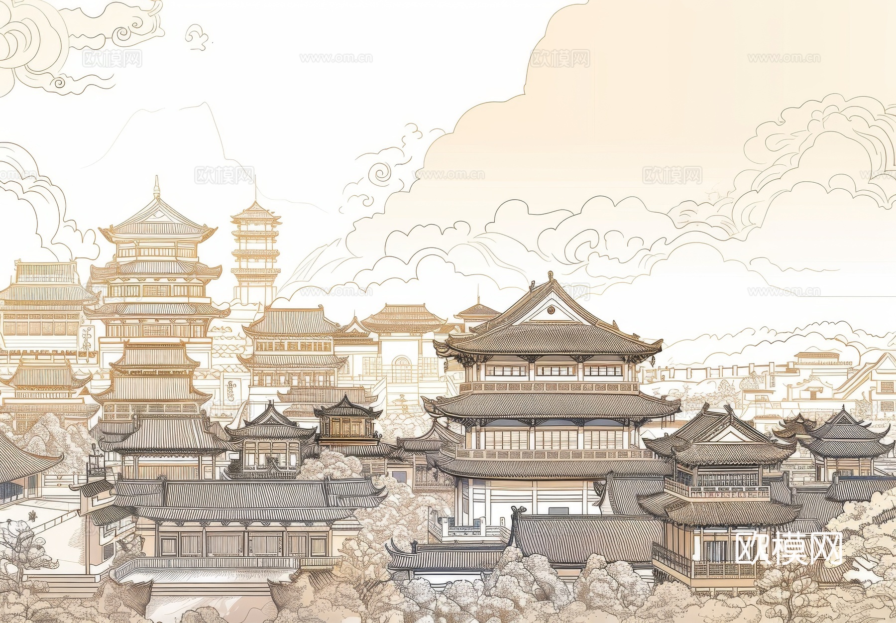 新中式亭台楼阁线条建筑壁画