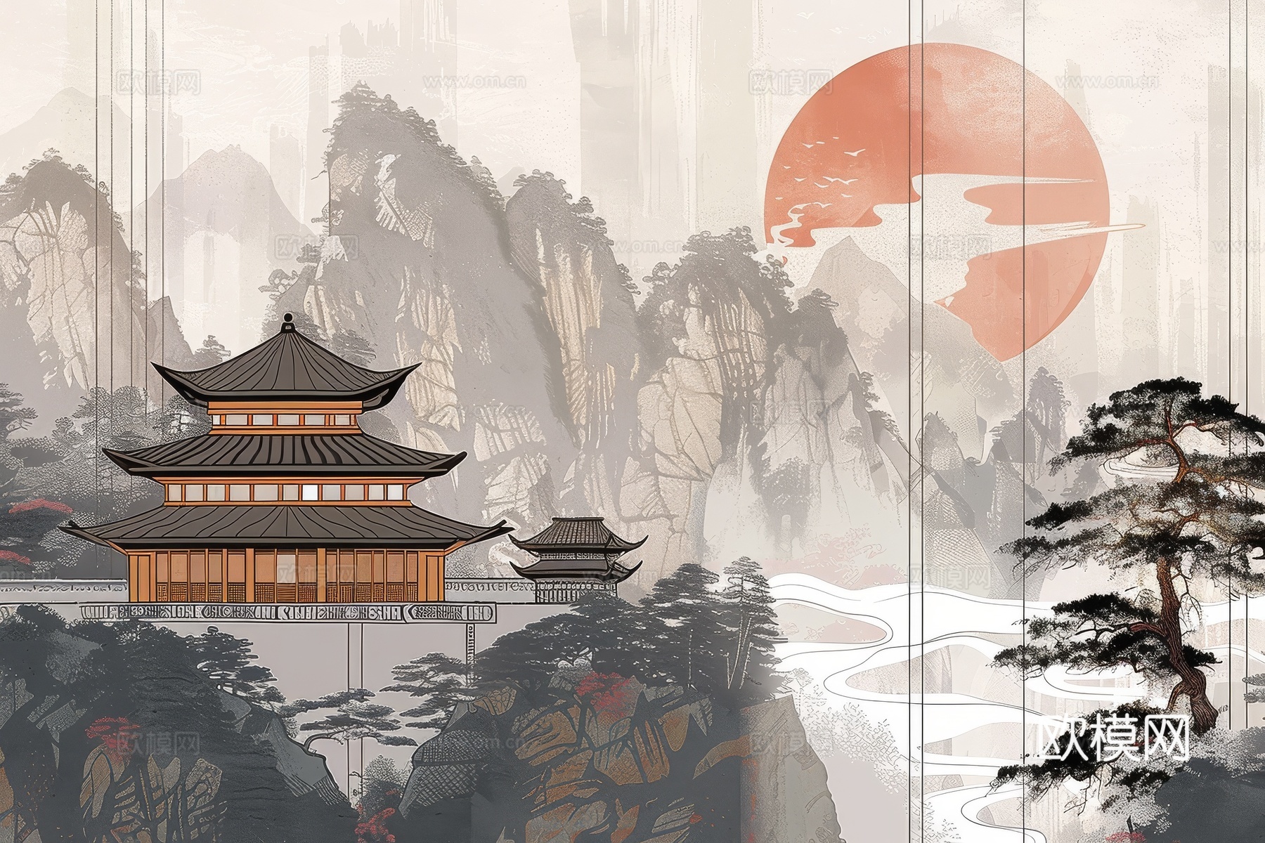 新中式亭台楼阁线条建筑壁画下载（渲染图8）