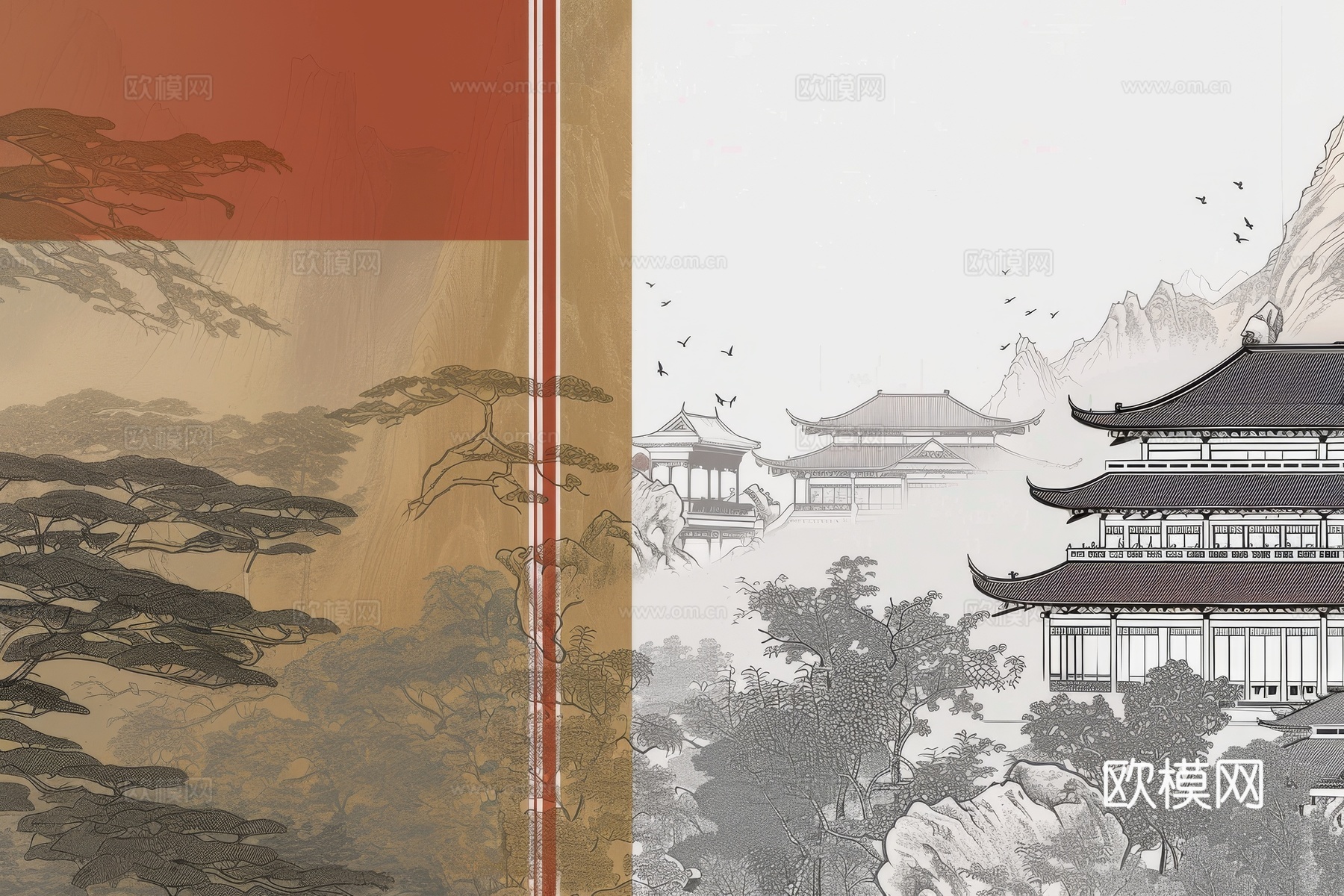 新中式亭台楼阁线条建筑壁画下载（渲染图4）