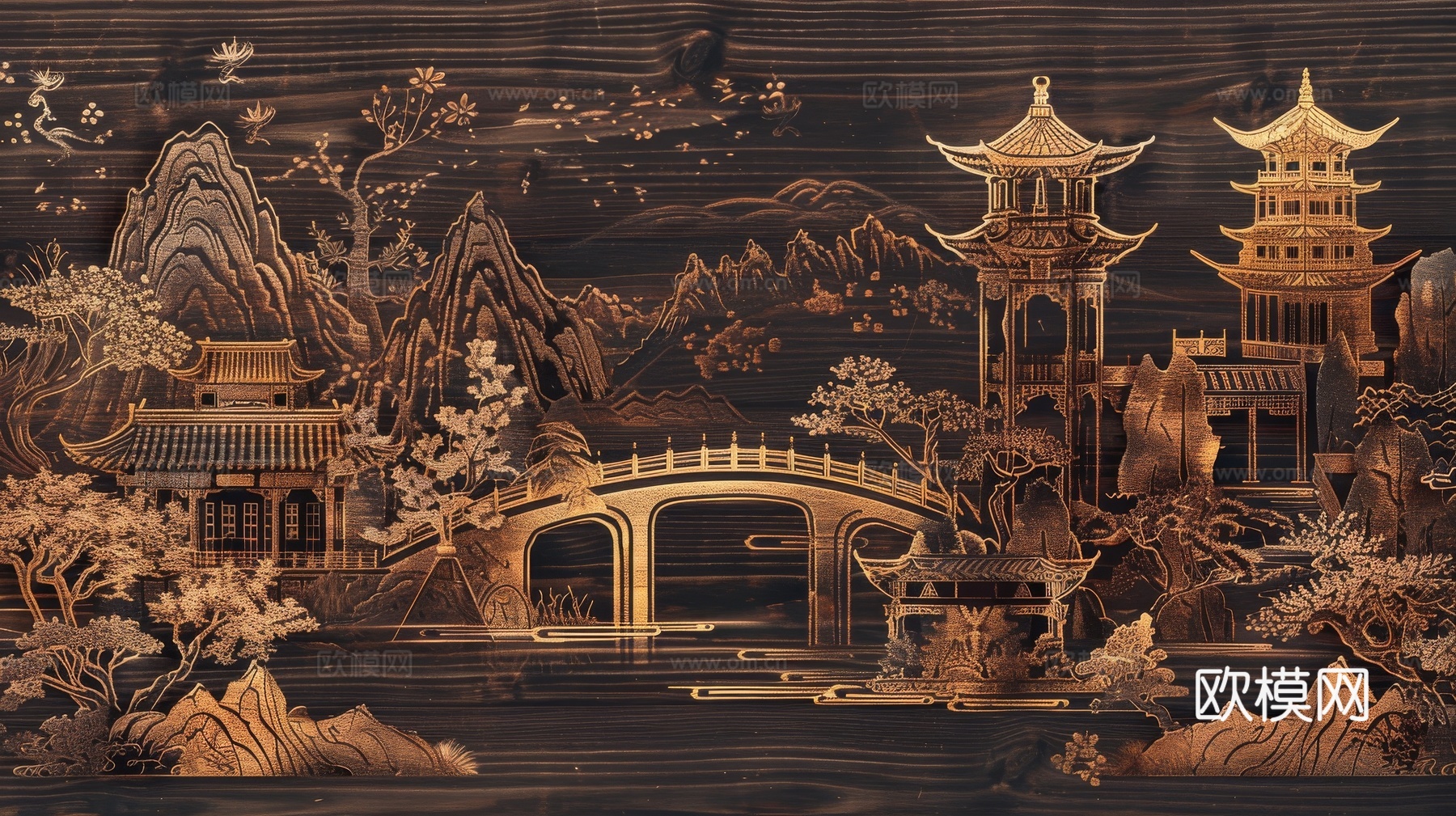 新中式亭台楼阁线条建筑壁画