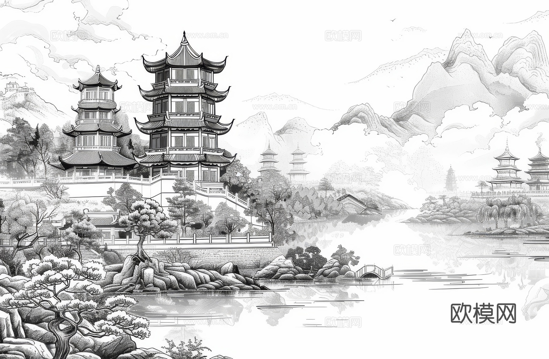 新中式亭台楼阁线条建筑壁画