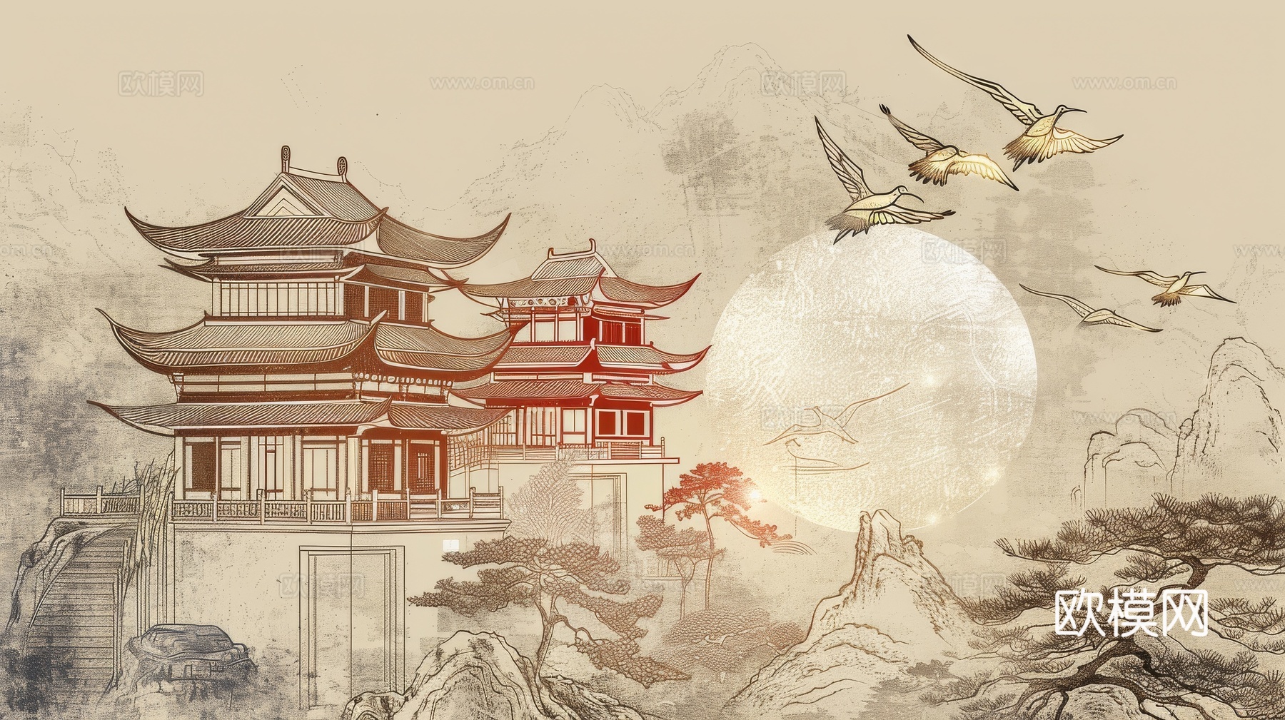 新中式亭台楼阁线条建筑壁画