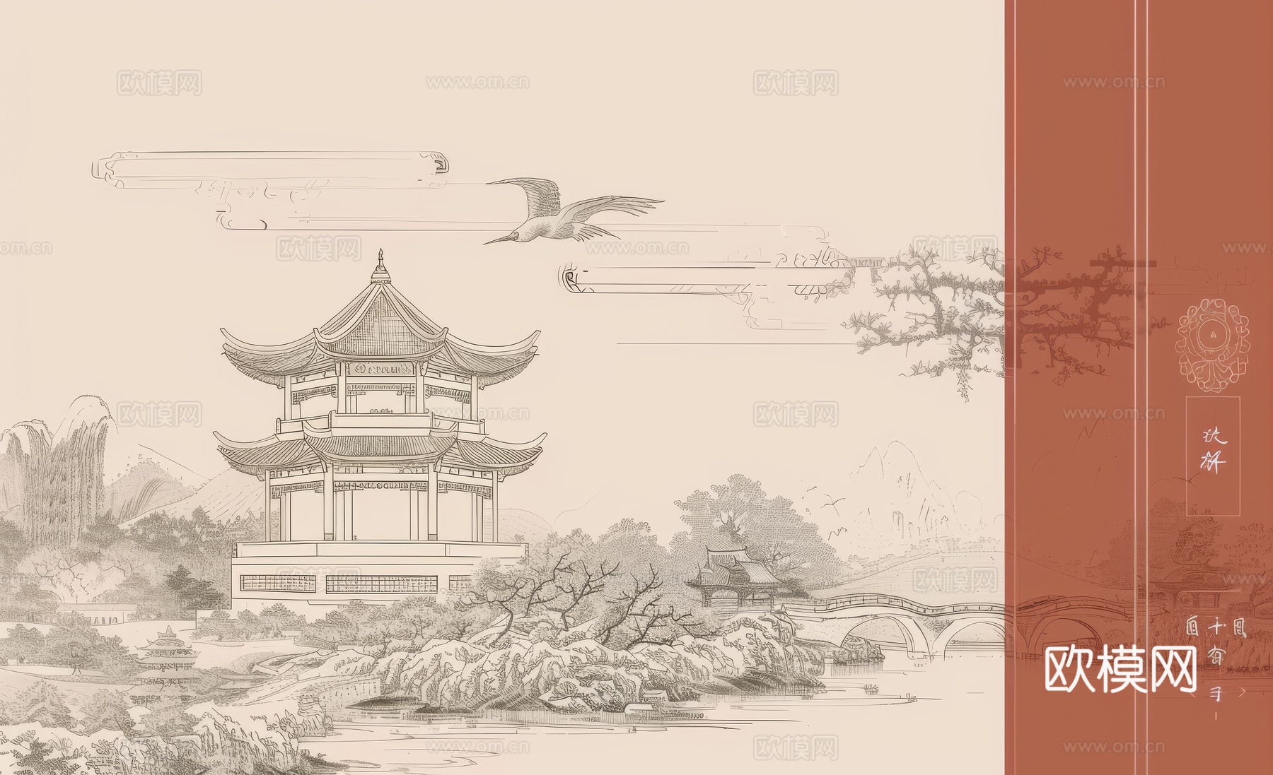 新中式亭台楼阁线条建筑壁画下载（渲染图4）