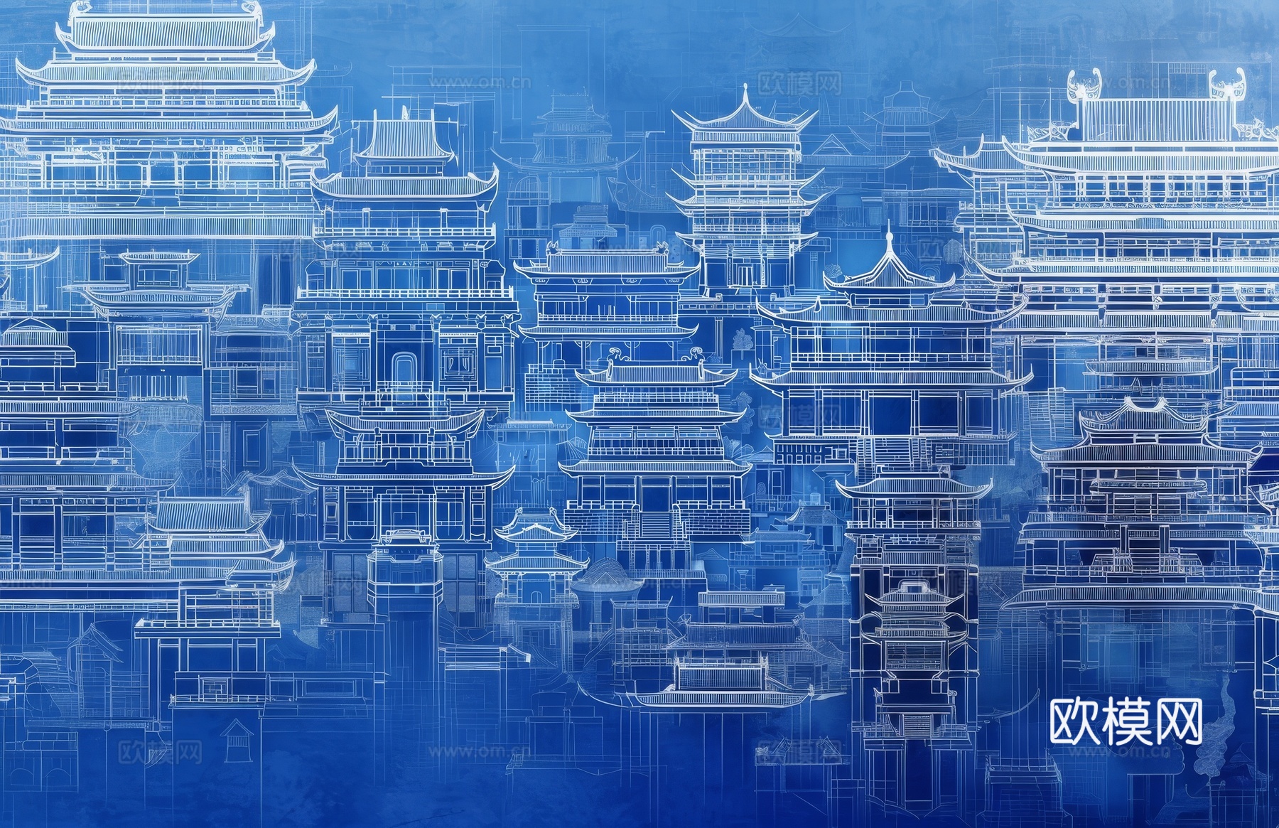 新中式亭台楼阁线条建筑壁画