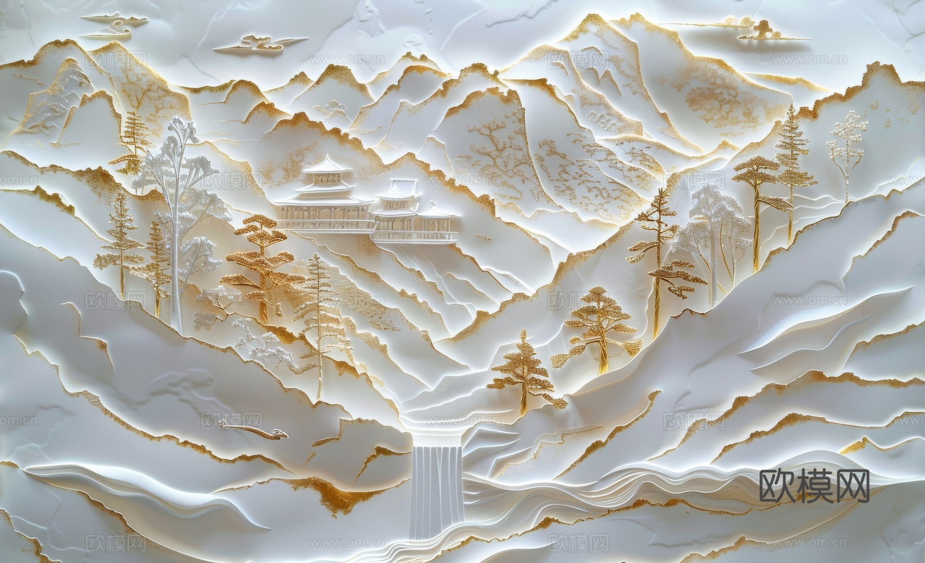 新中式亭台楼阁线条建筑壁画下载（渲染图6）