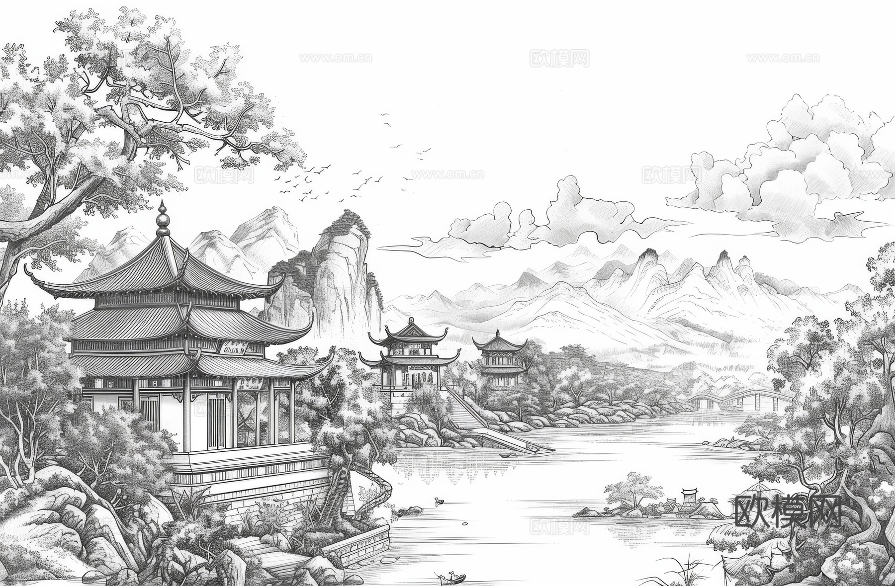 新中式亭台楼阁线条建筑壁画