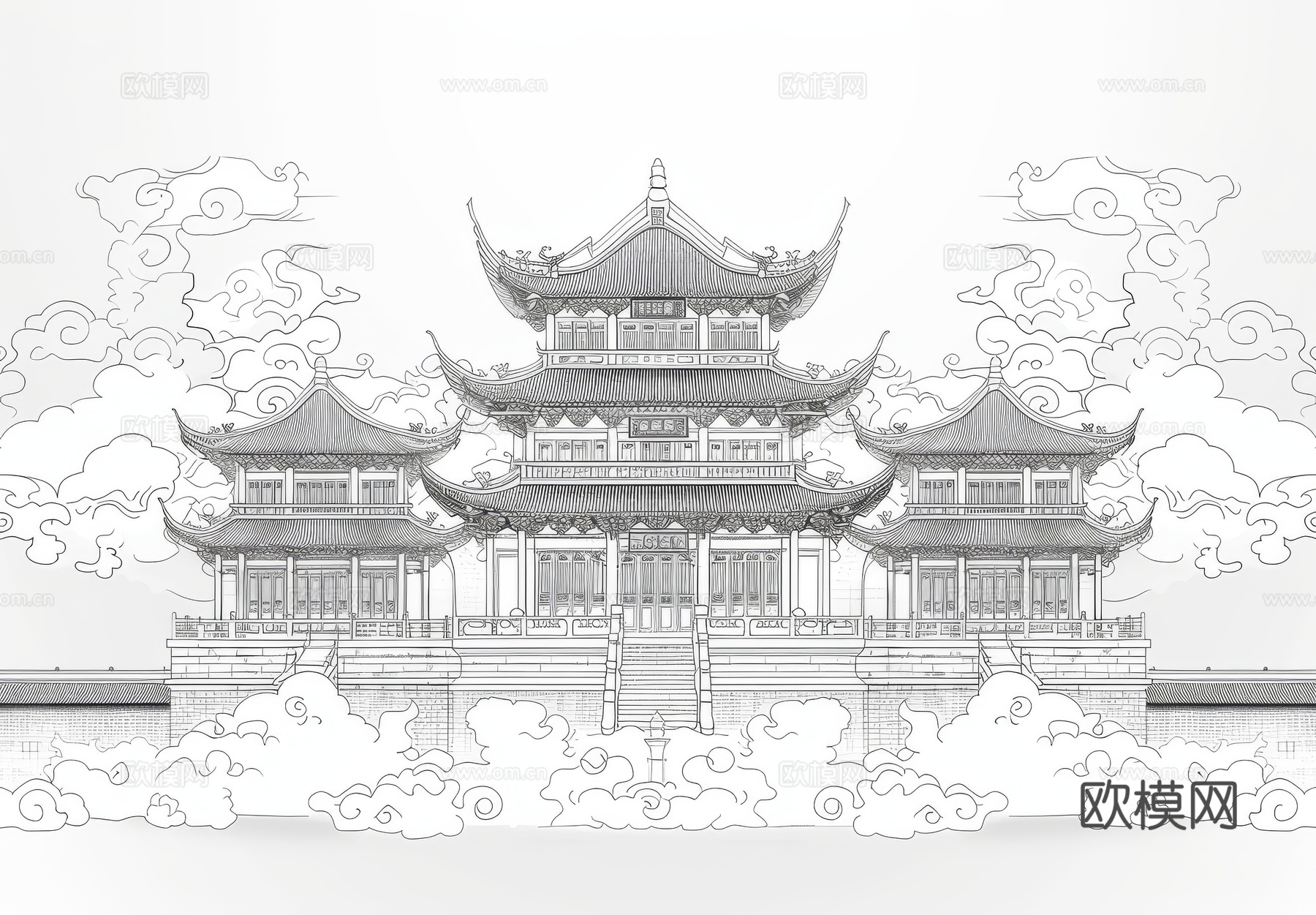 新中式亭台楼阁线条建筑壁画