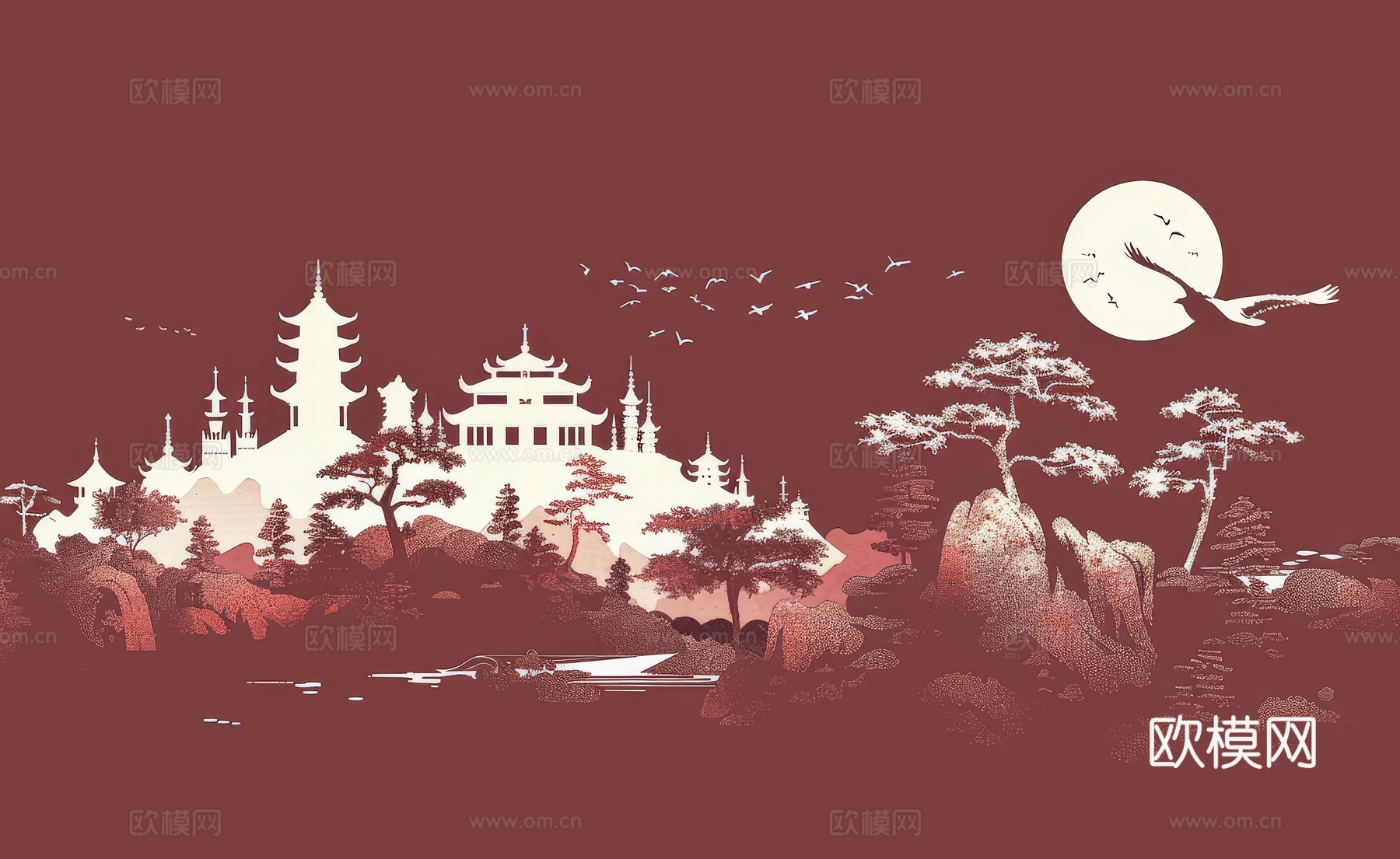 新中式亭台楼阁线条建筑壁画下载（渲染图2）