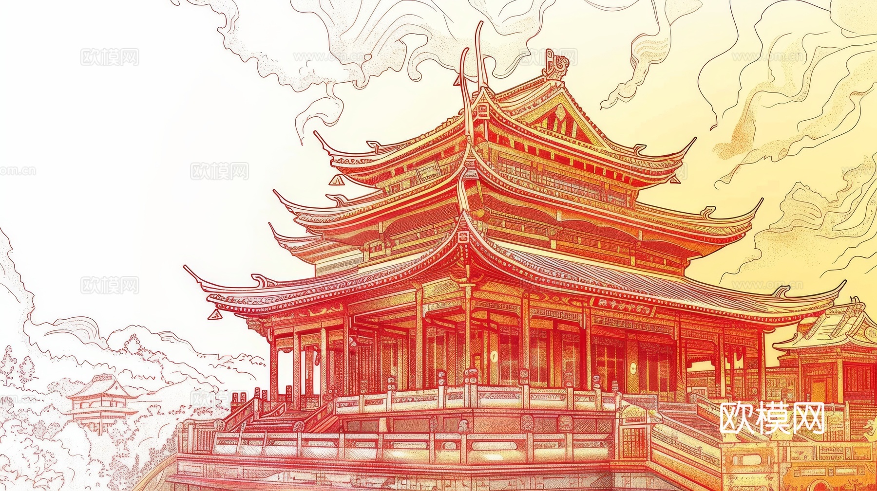 新中式亭台楼阁线条建筑壁画
