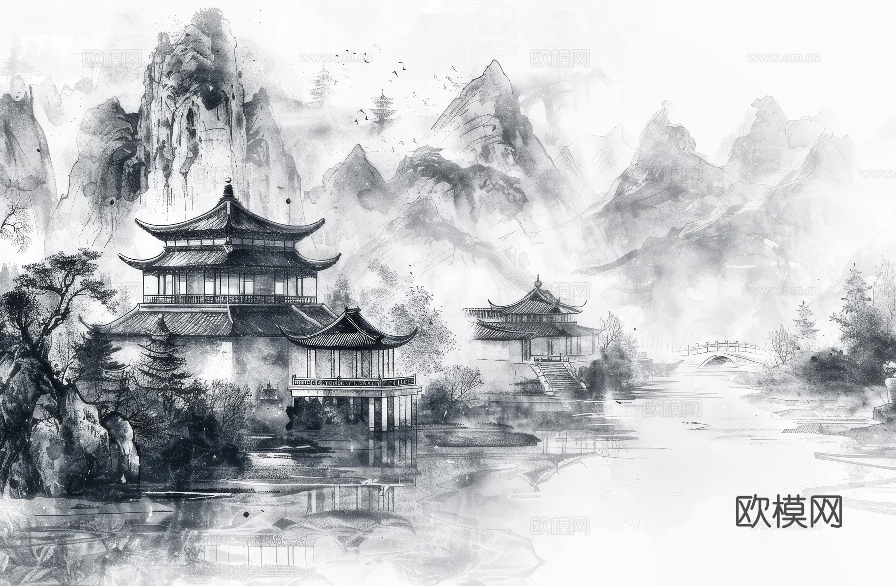 新中式亭台楼阁线条建筑壁画下载（渲染图5）