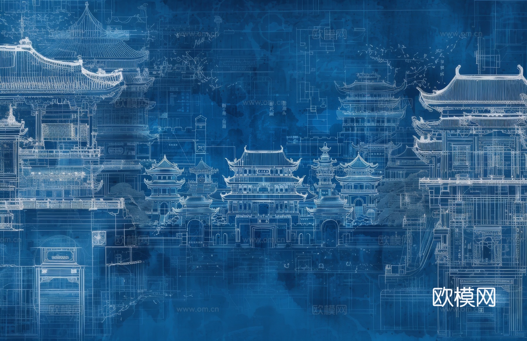 新中式亭台楼阁线条建筑壁画下载（渲染图8）