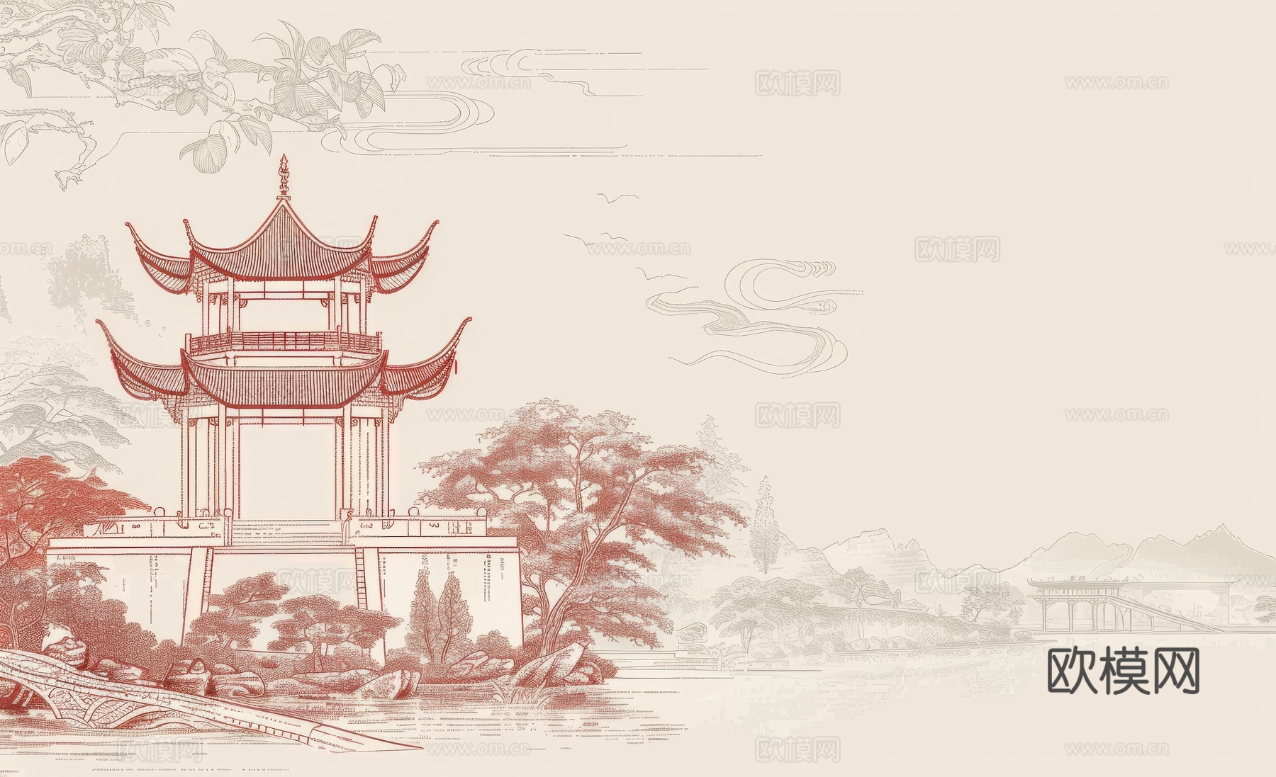 新中式亭台楼阁线条建筑壁画下载（渲染图1）