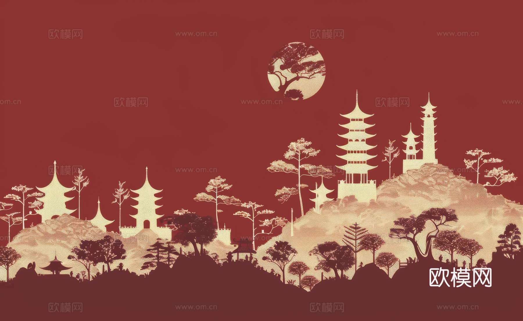 新中式亭台楼阁线条建筑壁画