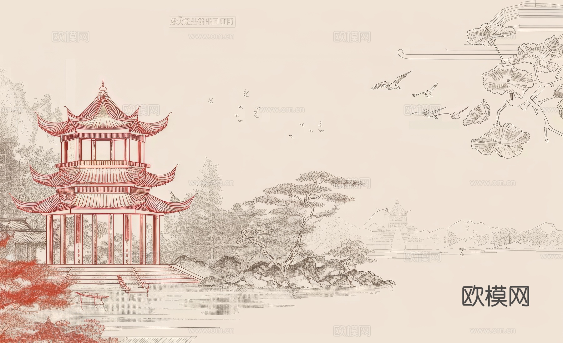 新中式亭台楼阁线条建筑壁画下载（渲染图8）