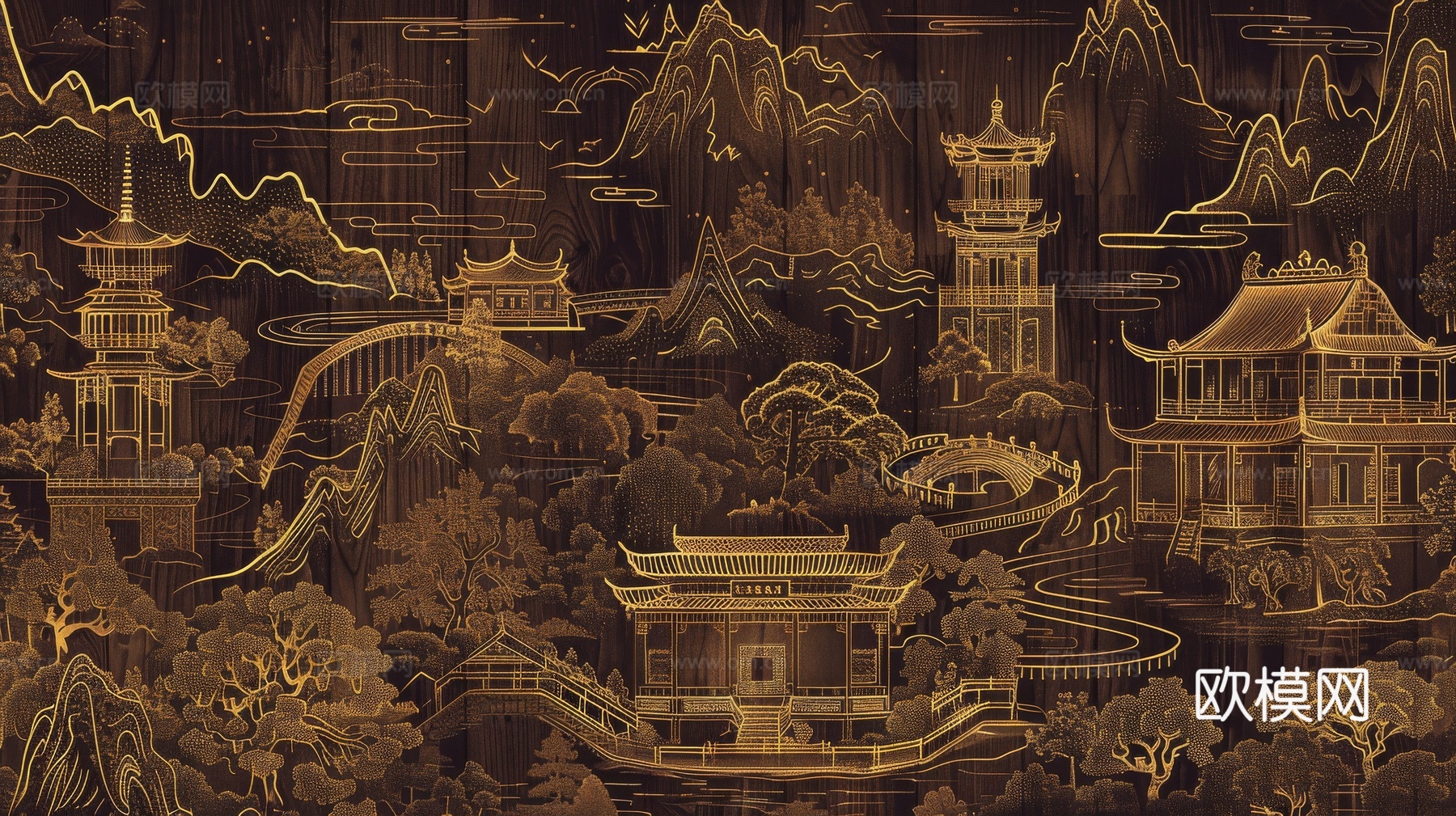 新中式亭台楼阁线条建筑壁画