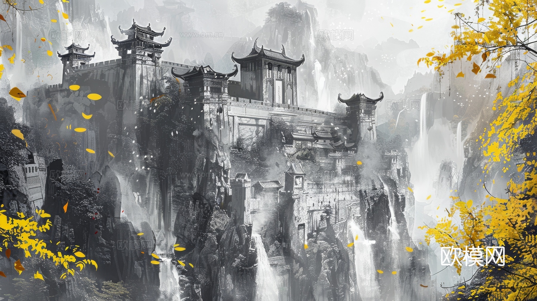 新中式亭台楼阁线条建筑壁画