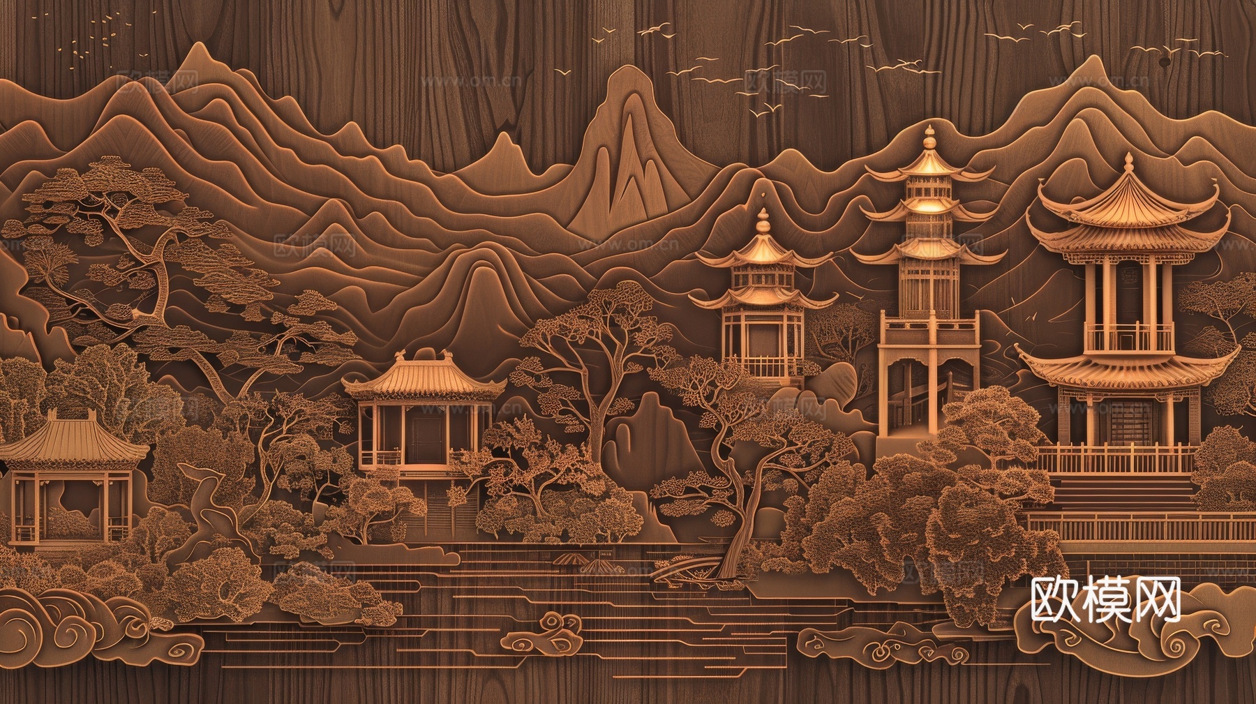 新中式亭台楼阁线条建筑壁画