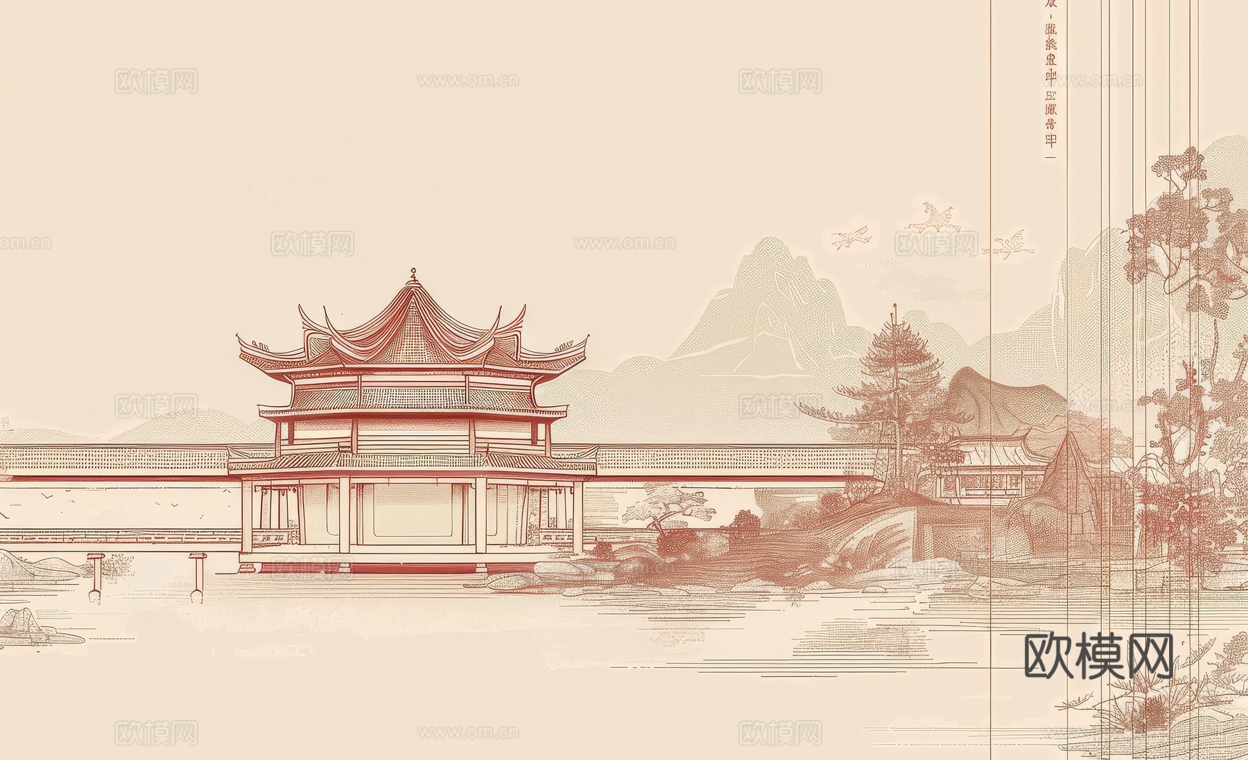 新中式亭台楼阁线条建筑壁画下载（渲染图7）