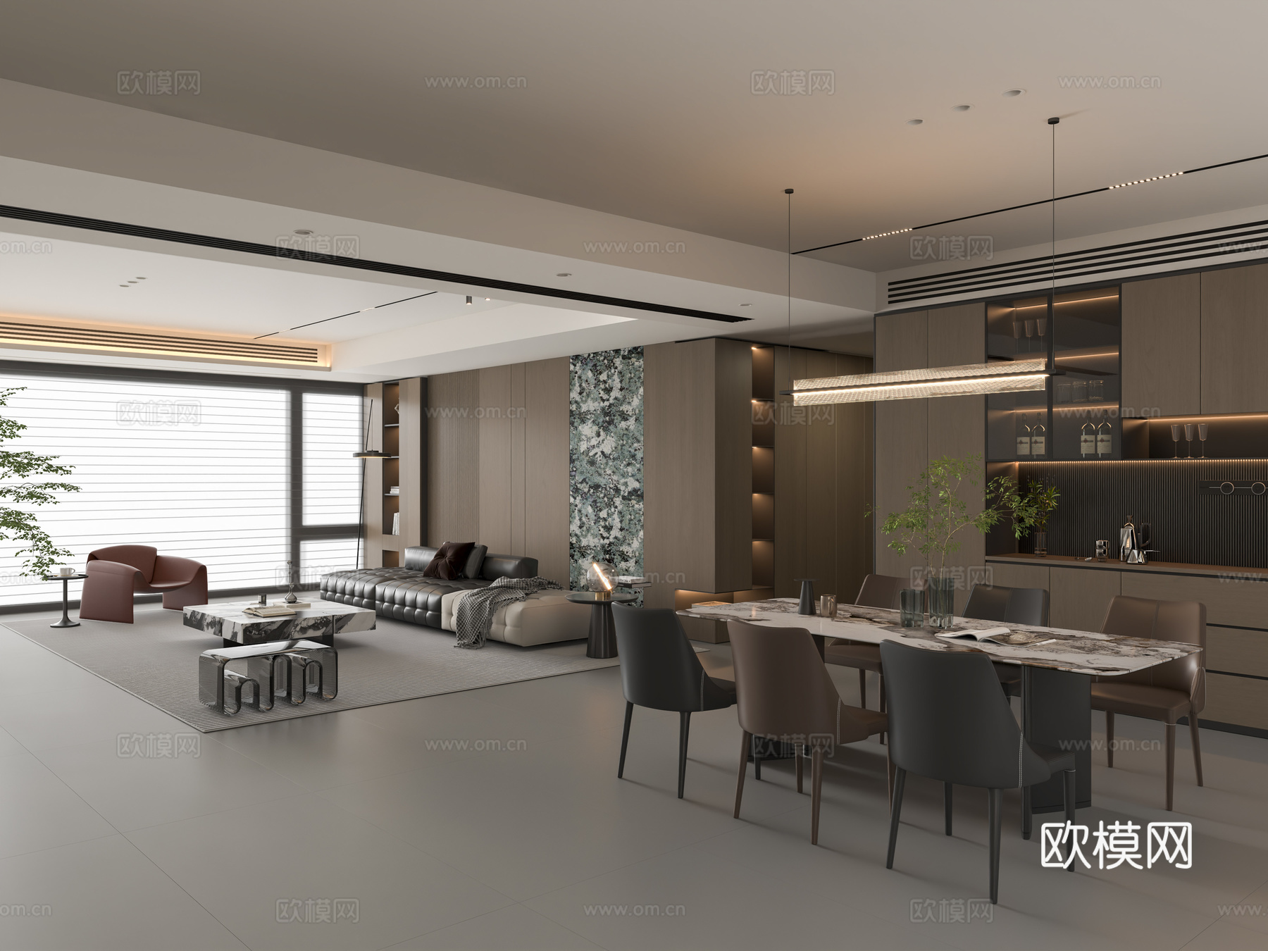 现代意式家居客餐厅 意式沙发茶几 意式餐桌椅3d模型