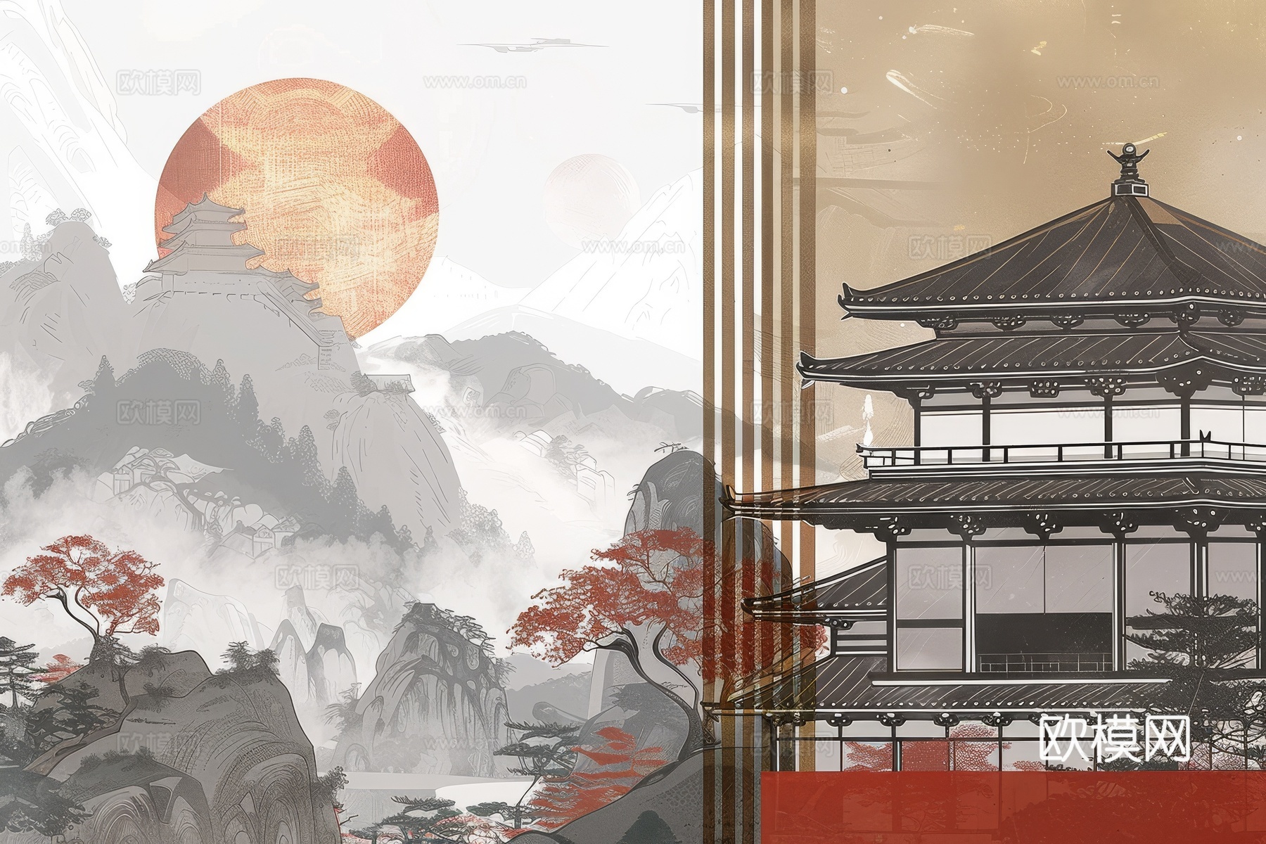 新中式亭台楼阁线条建筑壁画下载（渲染图1）