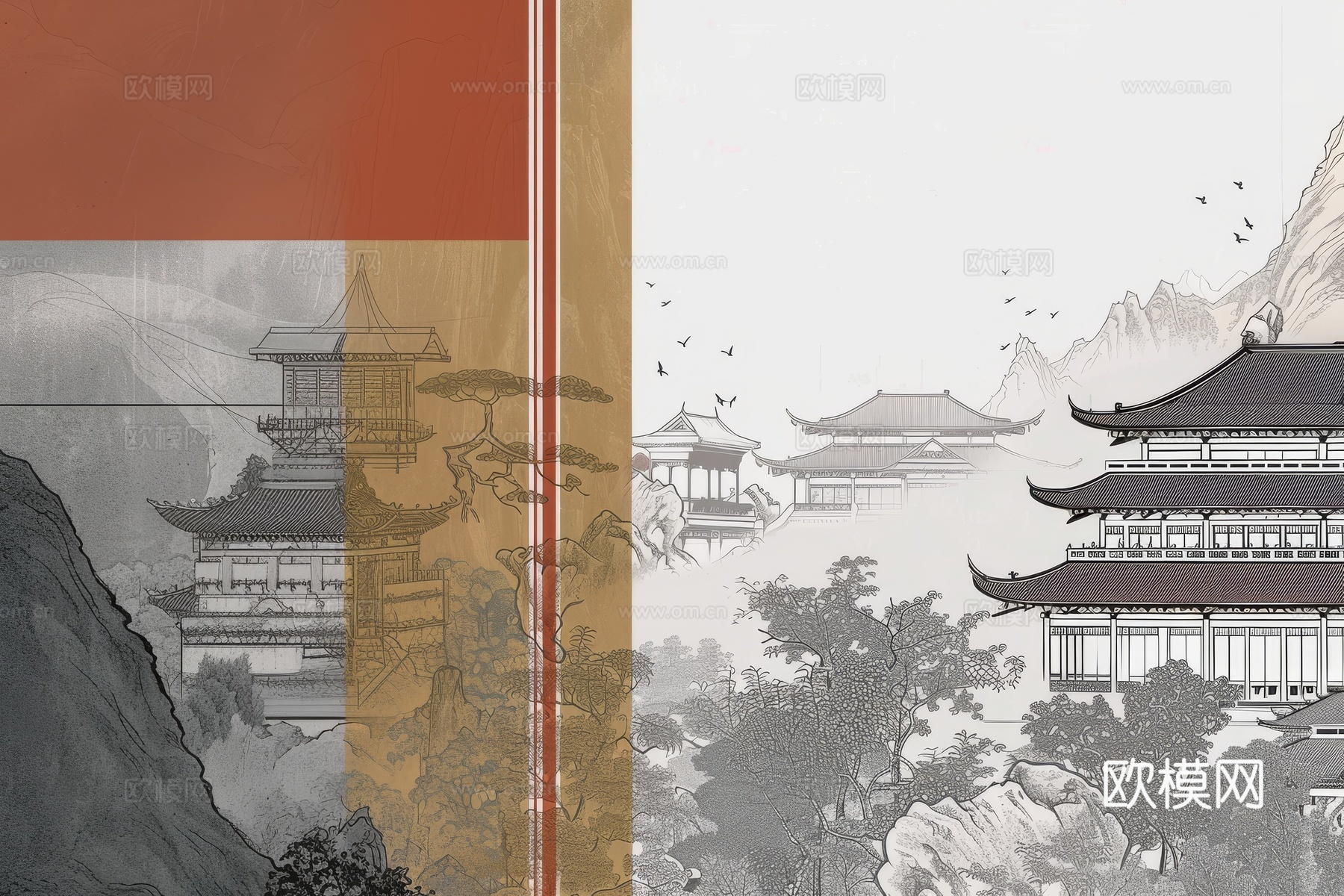 新中式亭台楼阁线条建筑壁画下载（渲染图3）