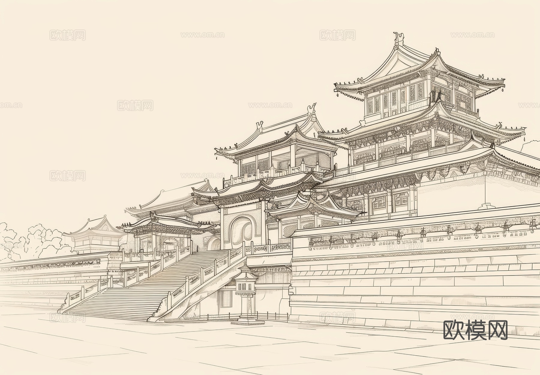 新中式亭台楼阁线条建筑壁画下载（渲染图1）