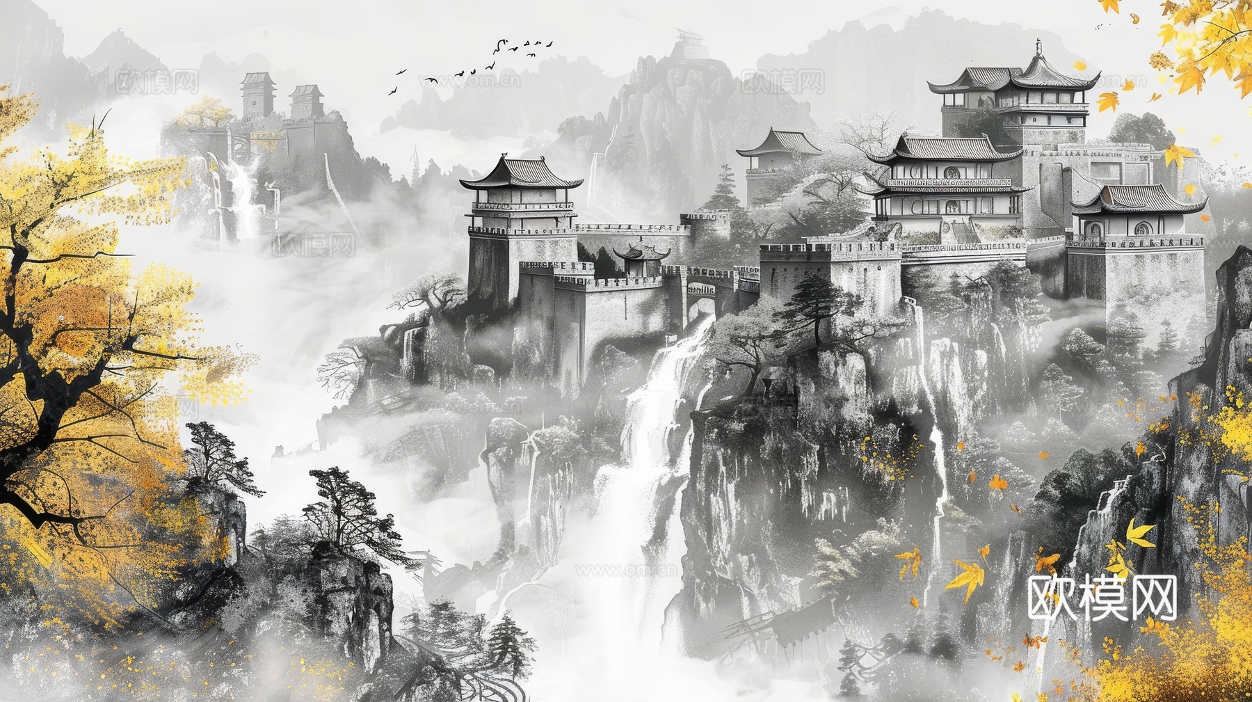 新中式亭台楼阁线条建筑壁画